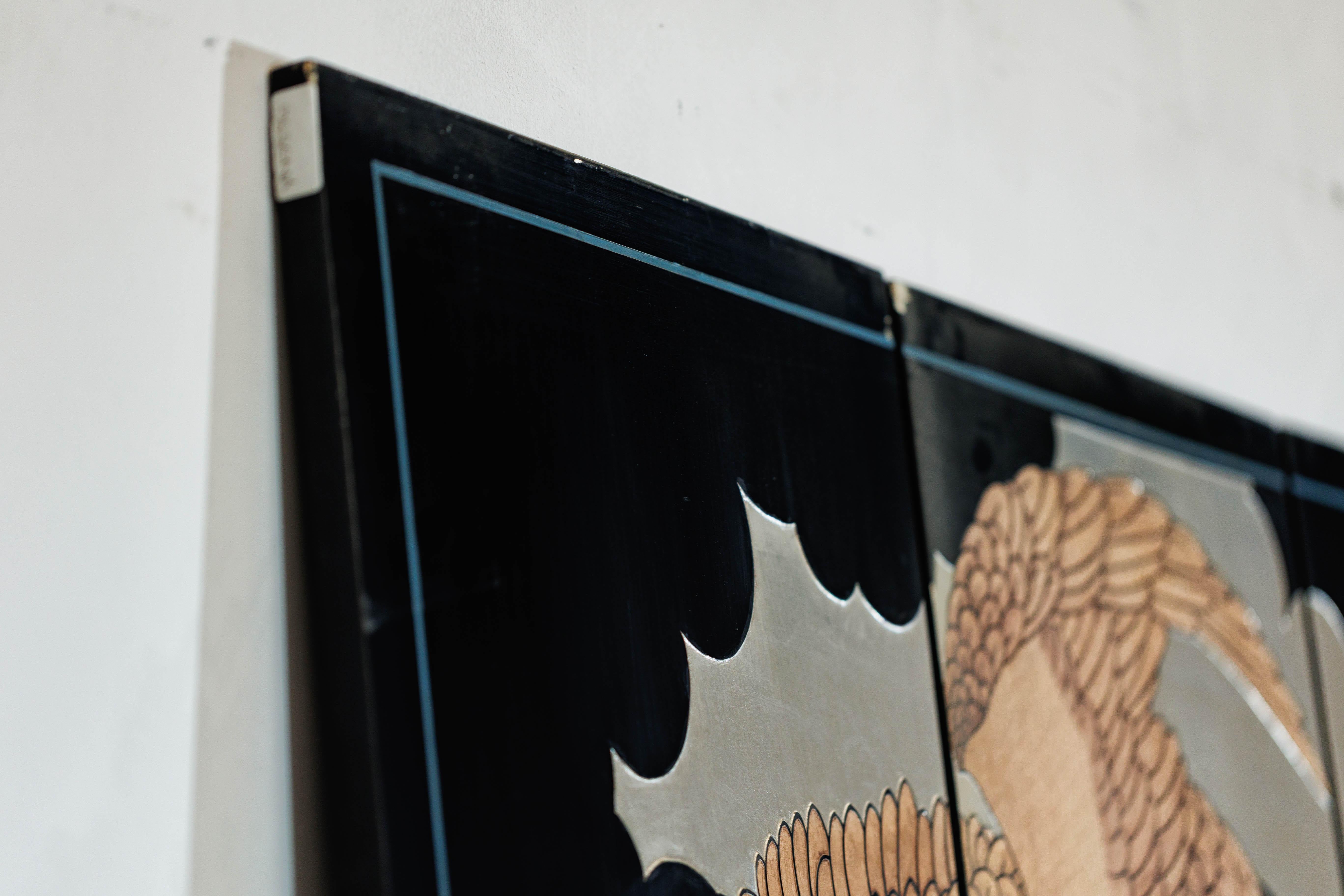 Vintage Chinese Four-Panel Screen with Silver Ground and Hand-Painted Cranes For Sale 7