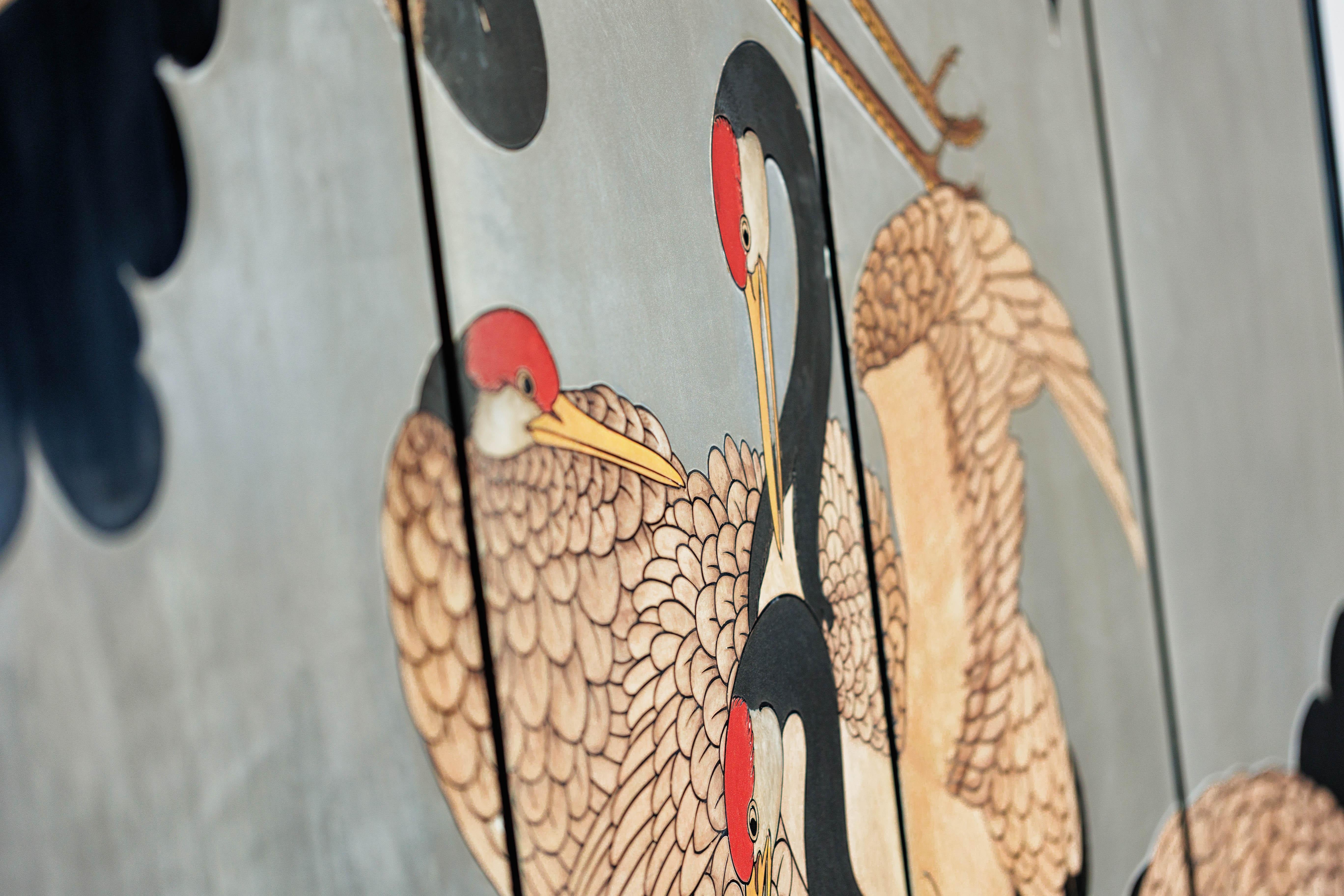 Vintage Chinese Four-Panel Screen with Silver Ground and Hand-Painted Cranes For Sale 8