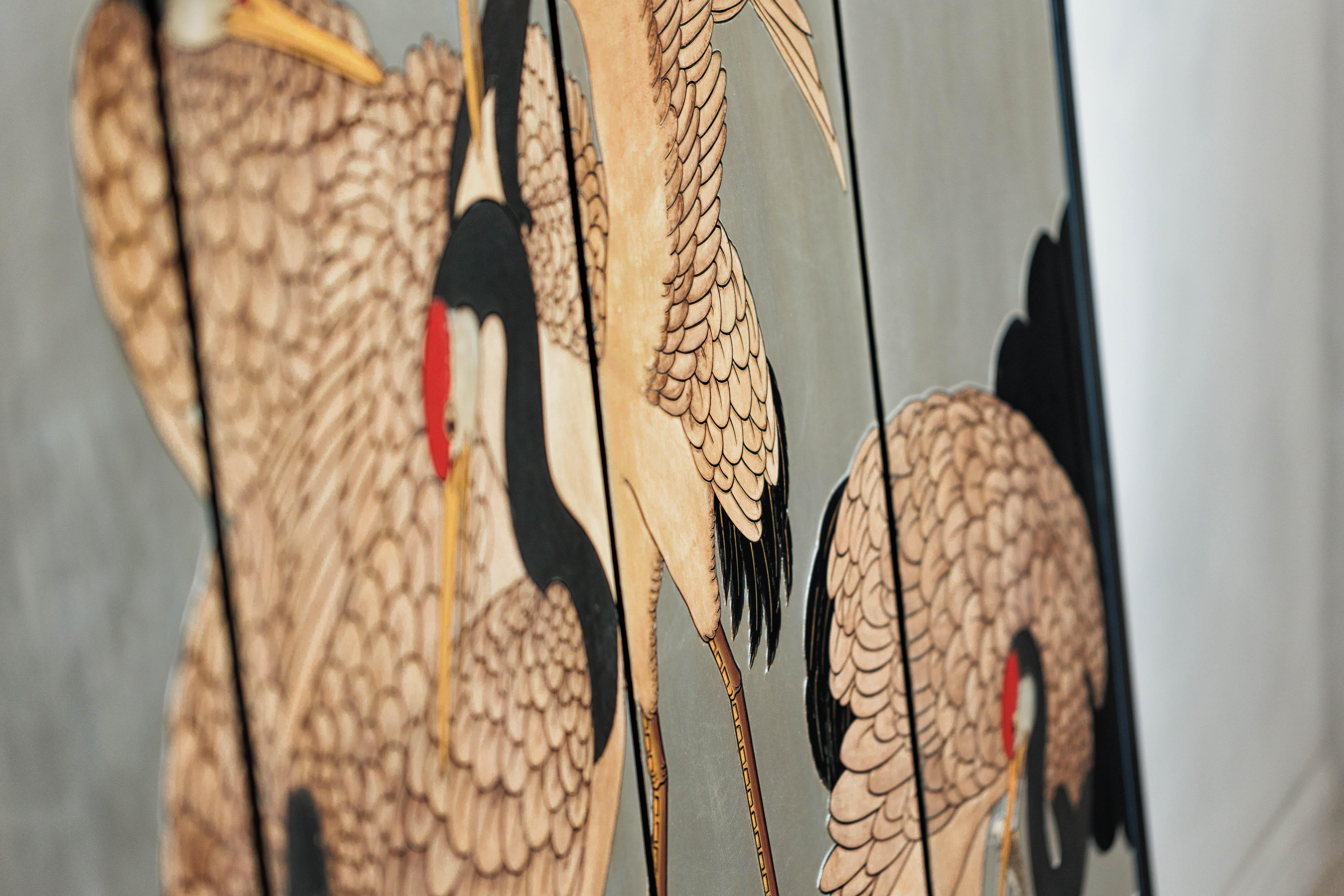 Vintage Chinese Four-Panel Screen with Silver Ground and Hand-Painted Cranes For Sale 9