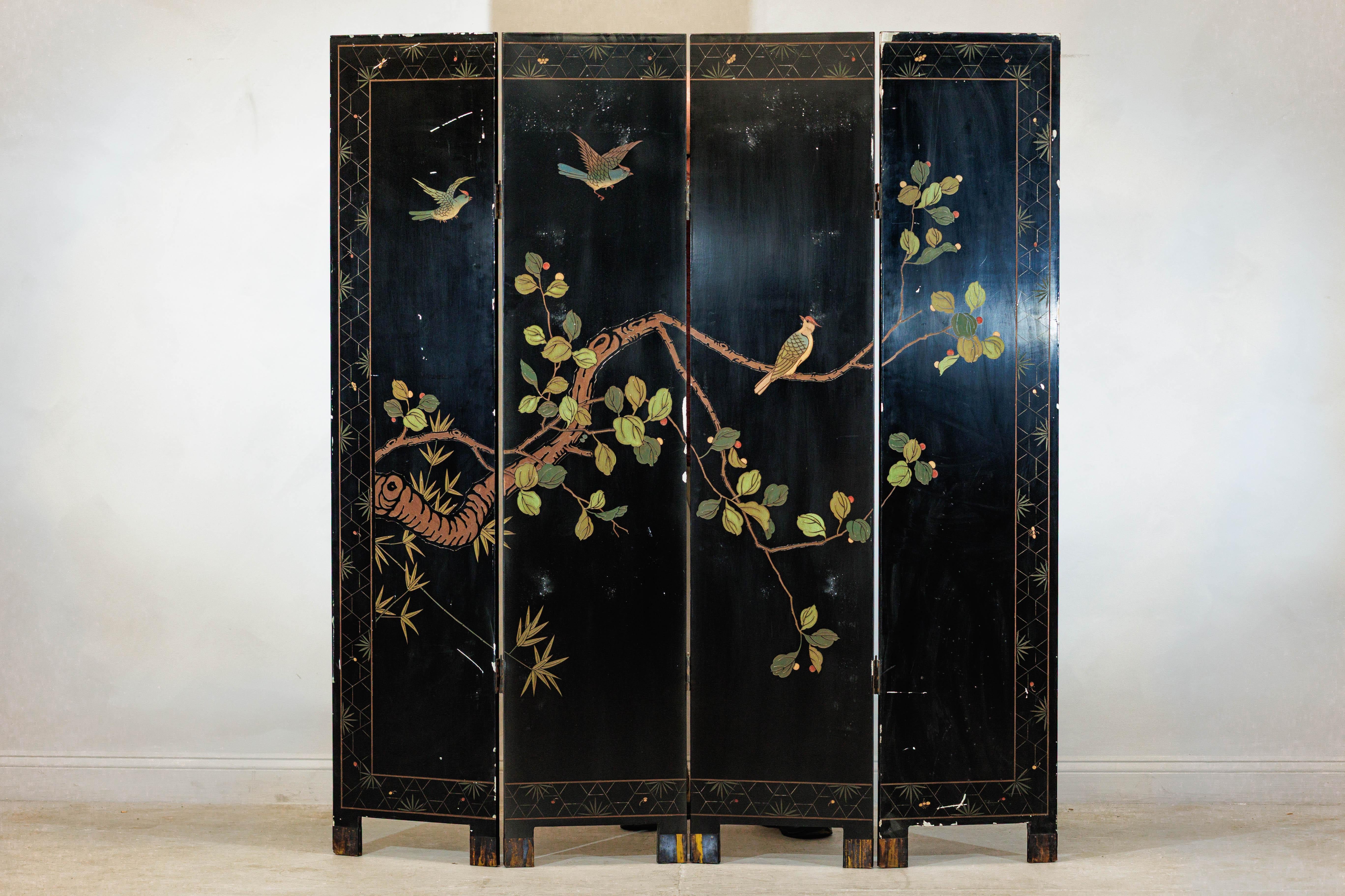Vintage Chinese Four-Panel Screen with Silver Ground and Hand-Painted Cranes For Sale 11