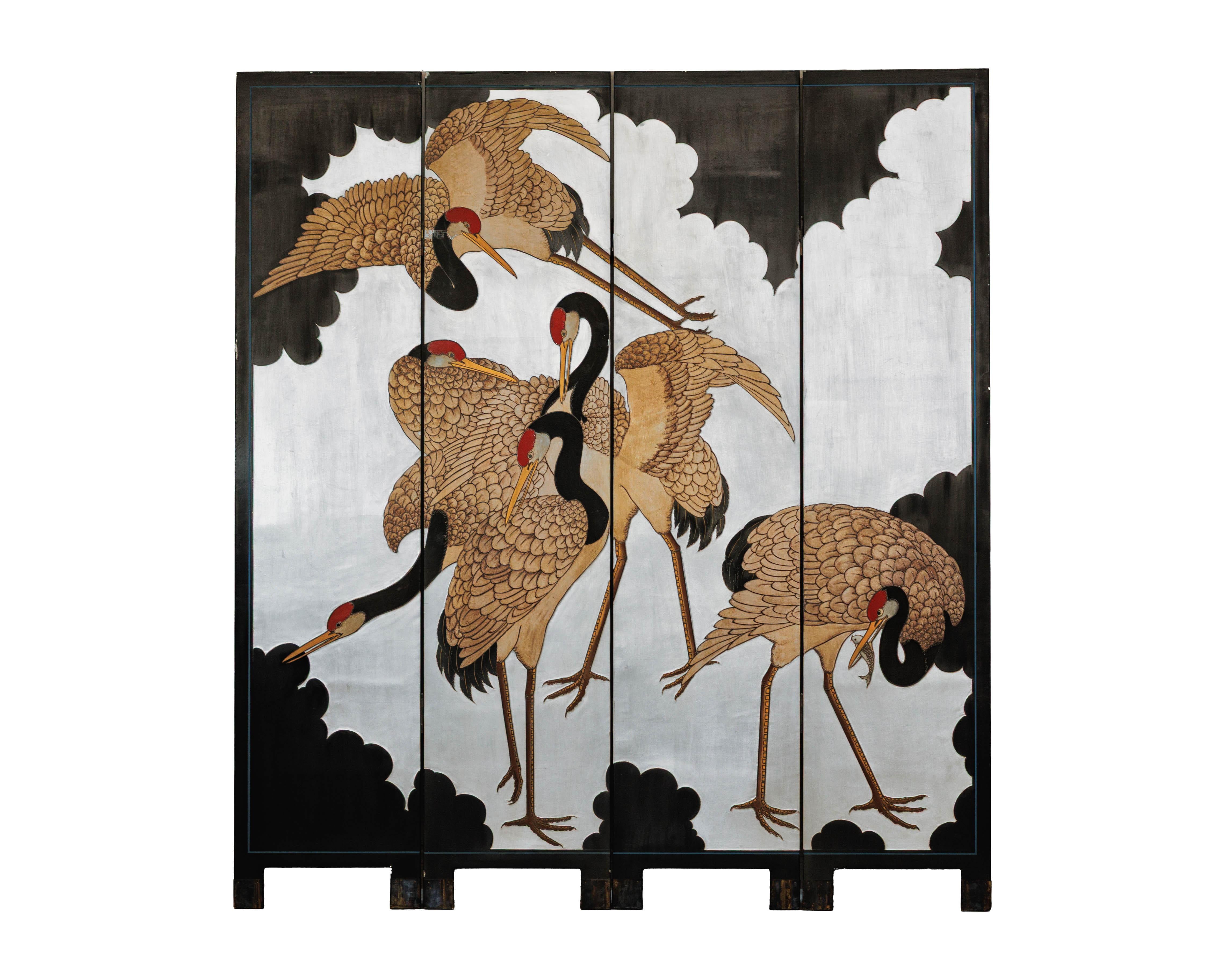 Vintage Chinese Four-Panel Screen with Silver Ground and Hand-Painted Cranes For Sale 12
