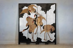 Vintage Chinese Four-Panel Screen with Silver Ground and Hand-Painted Cranes