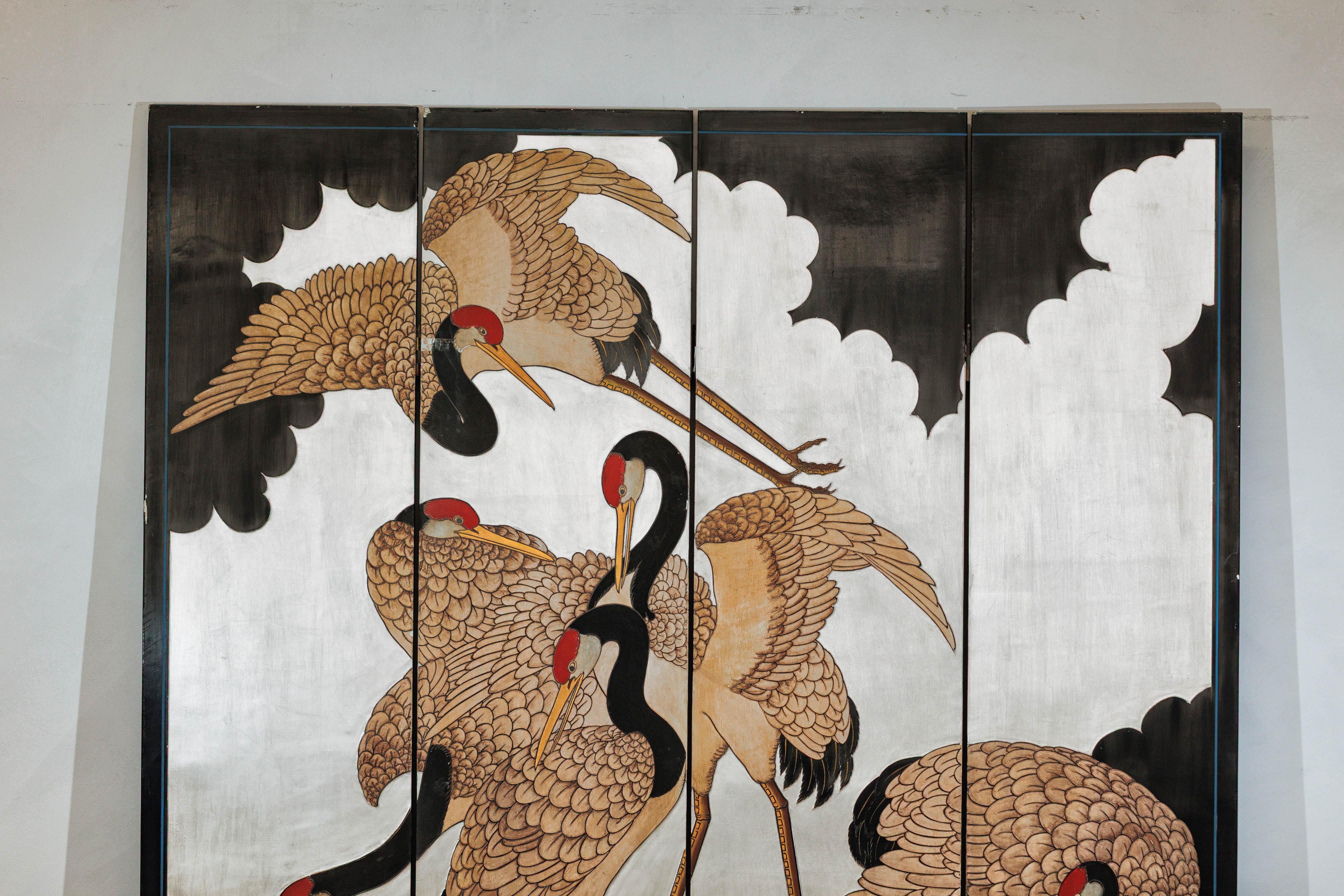 Lacquered Vintage Chinese Four-Panel Screen with Silver Ground and Hand-Painted Cranes For Sale