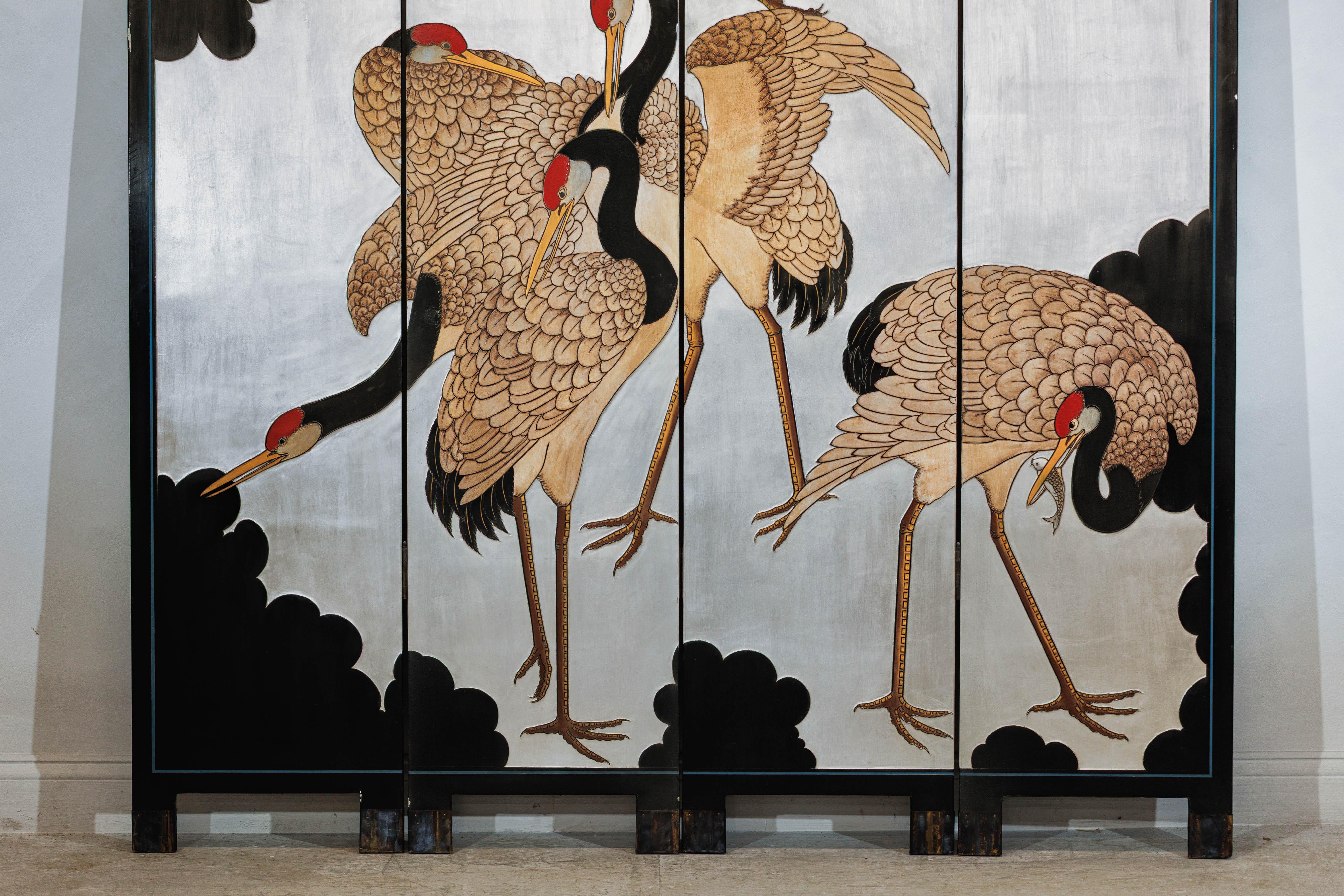 Vintage Chinese Four-Panel Screen with Silver Ground and Hand-Painted Cranes In Good Condition For Sale In Yonkers, NY