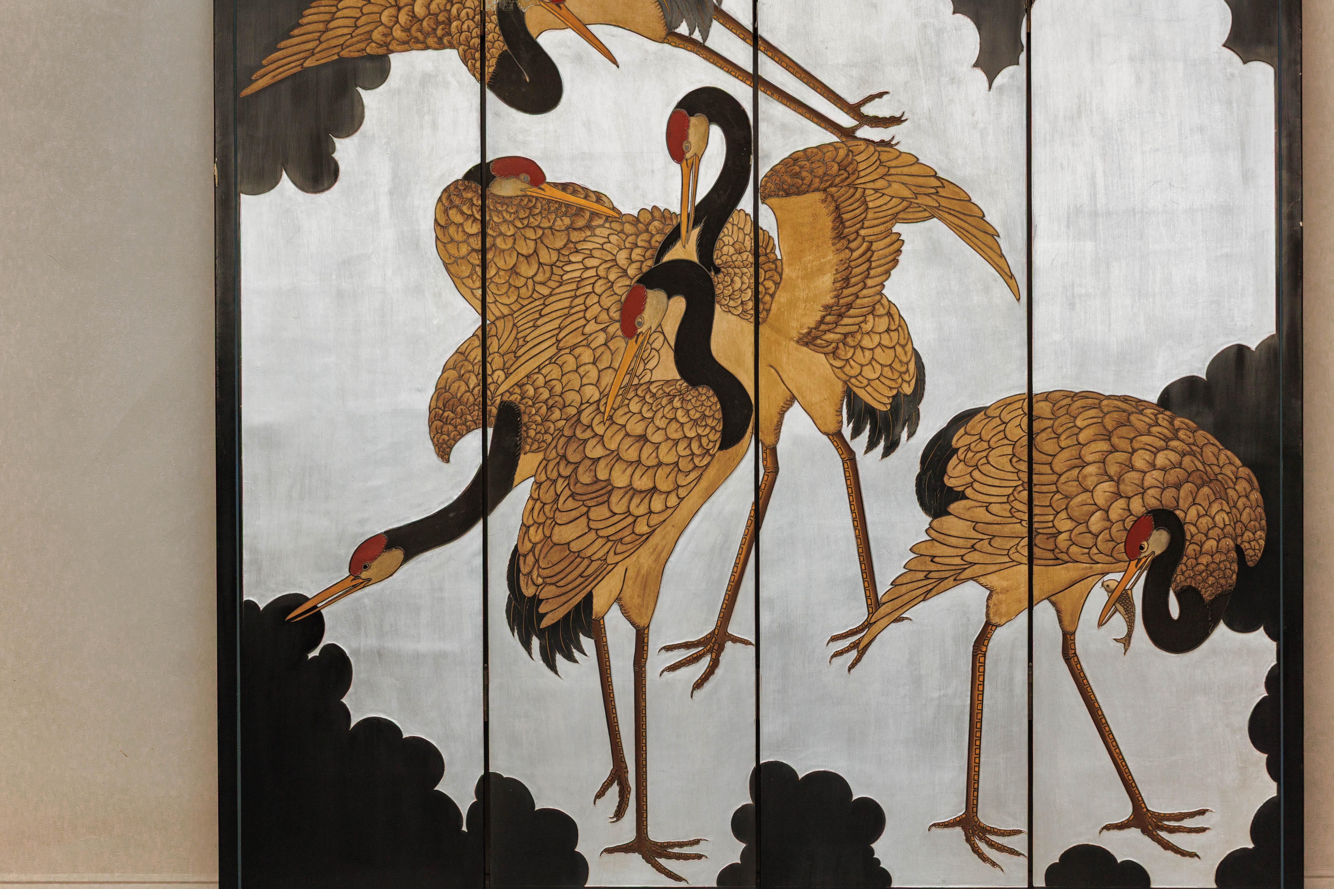 20th Century Vintage Chinese Four-Panel Screen with Silver Ground and Hand-Painted Cranes For Sale