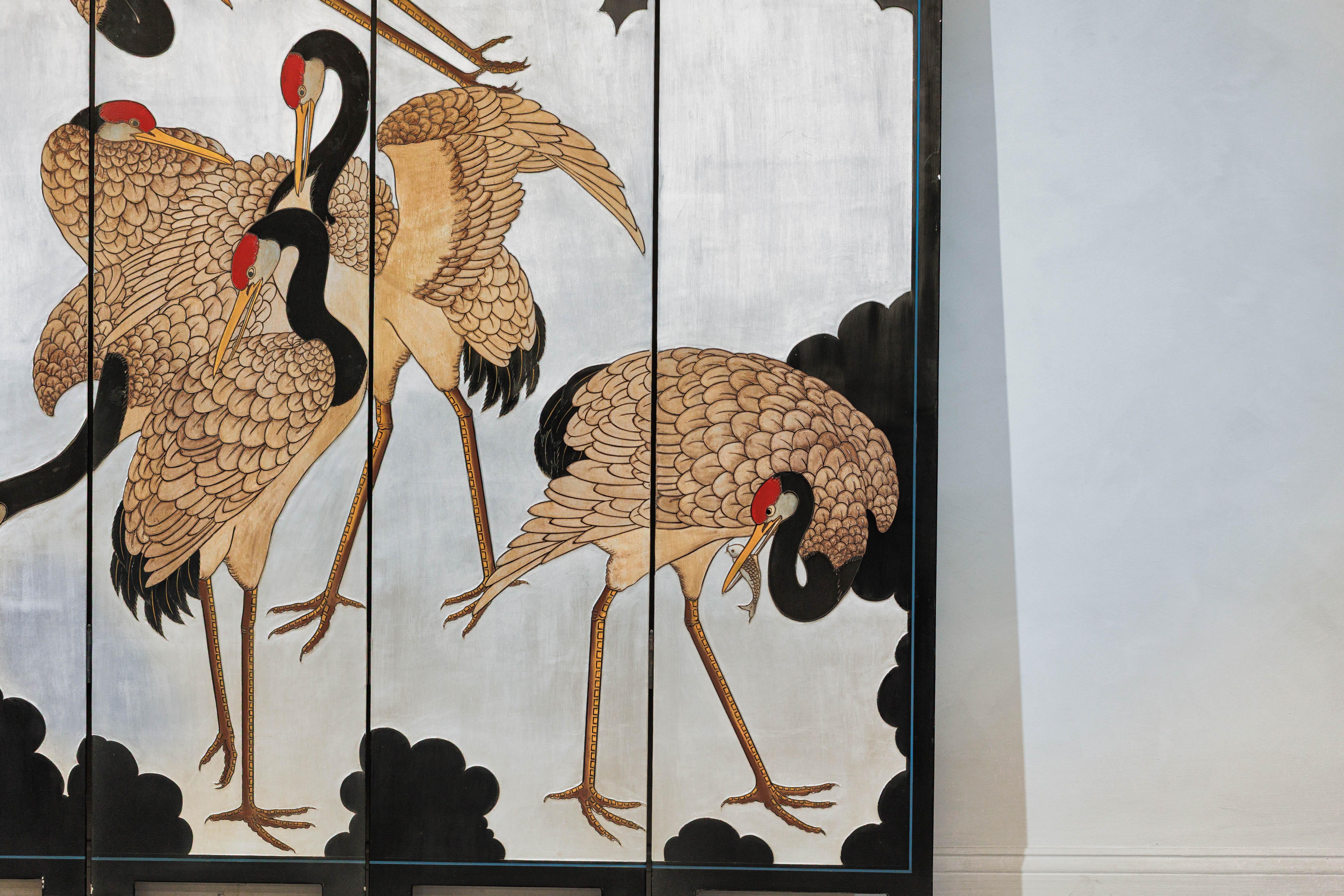 Wood Vintage Chinese Four-Panel Screen with Silver Ground and Hand-Painted Cranes For Sale