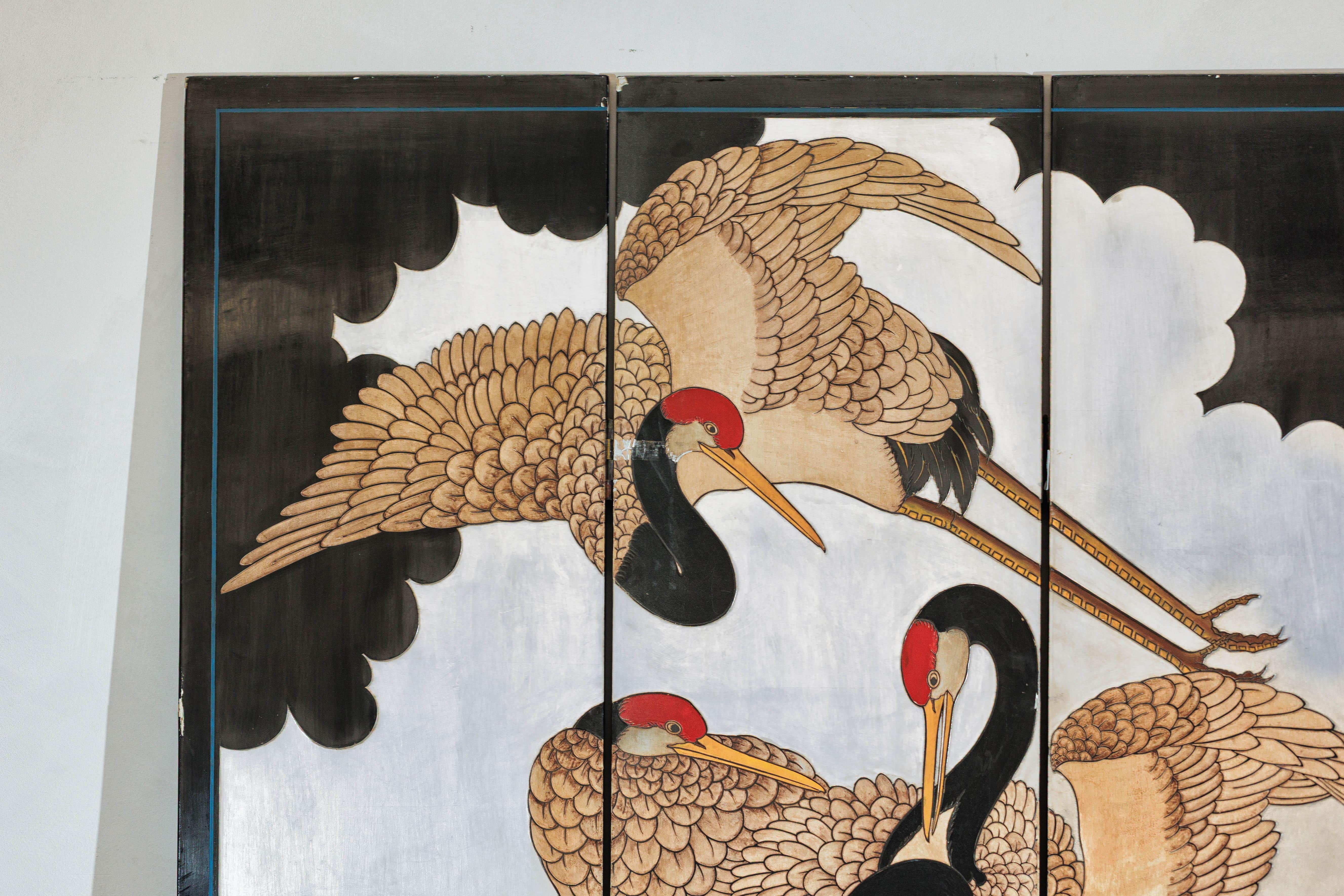 Vintage Chinese Four-Panel Screen with Silver Ground and Hand-Painted Cranes For Sale 1