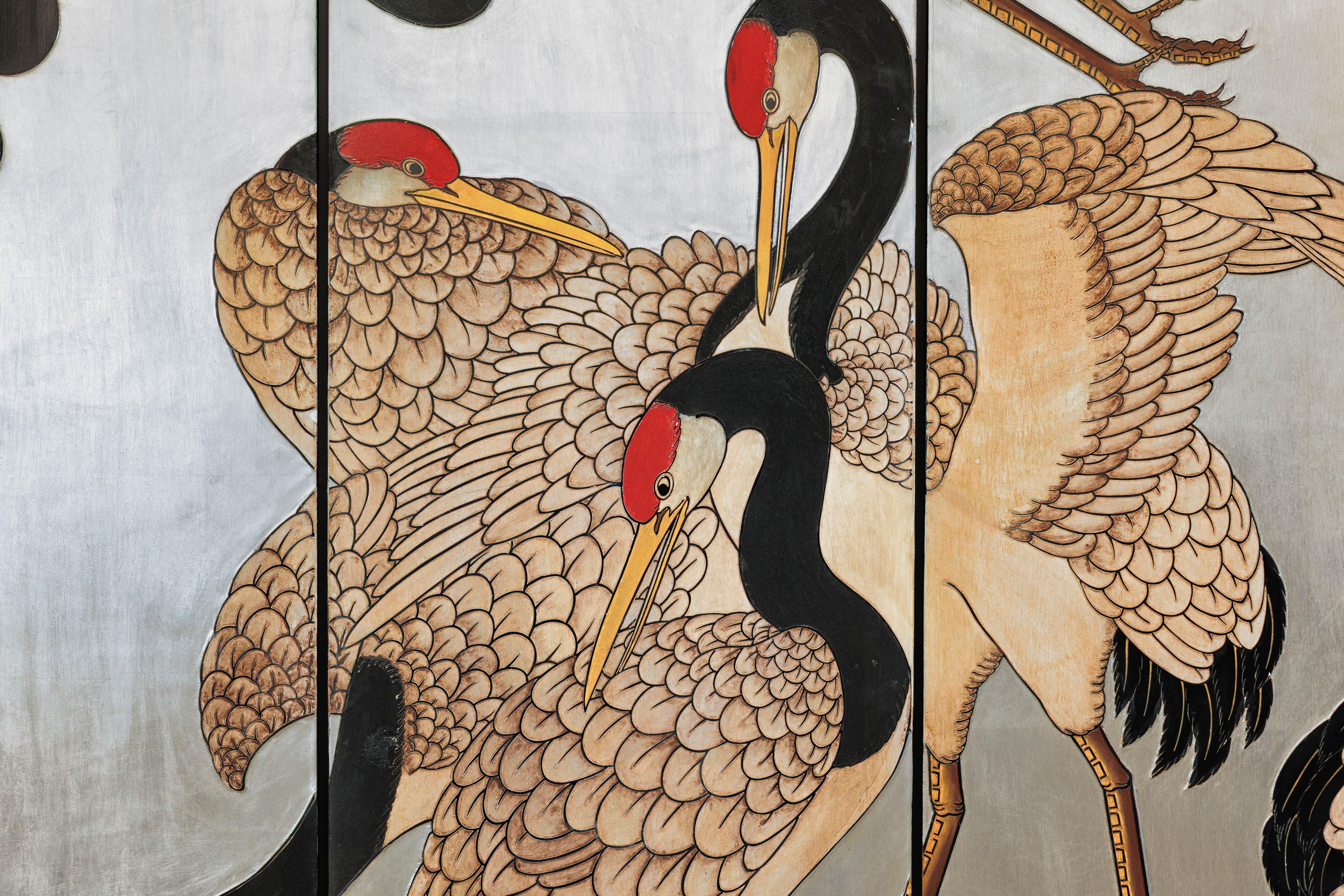 Vintage Chinese Four-Panel Screen with Silver Ground and Hand-Painted Cranes For Sale 2