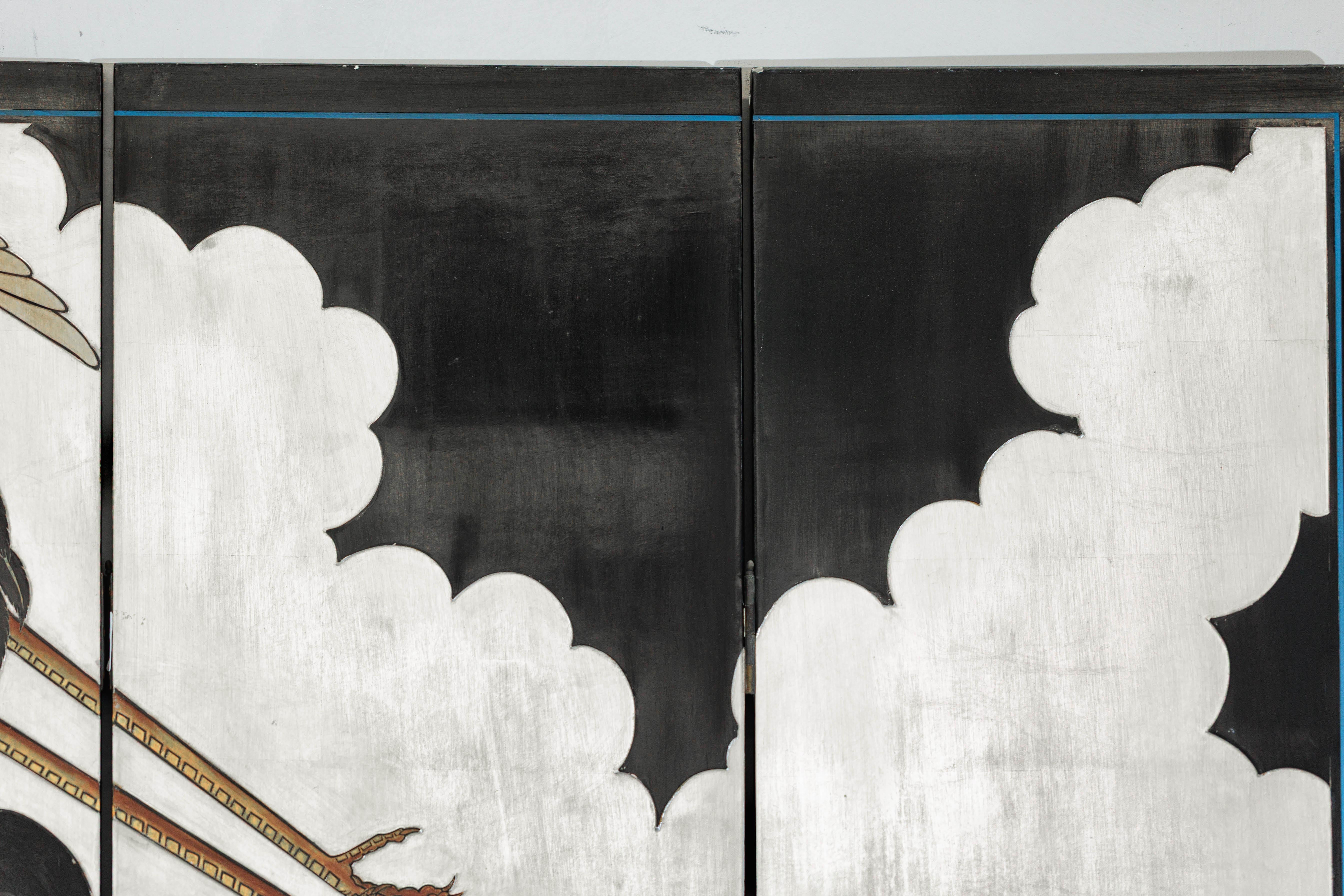 Vintage Chinese Four-Panel Screen with Silver Ground and Hand-Painted Cranes For Sale 3