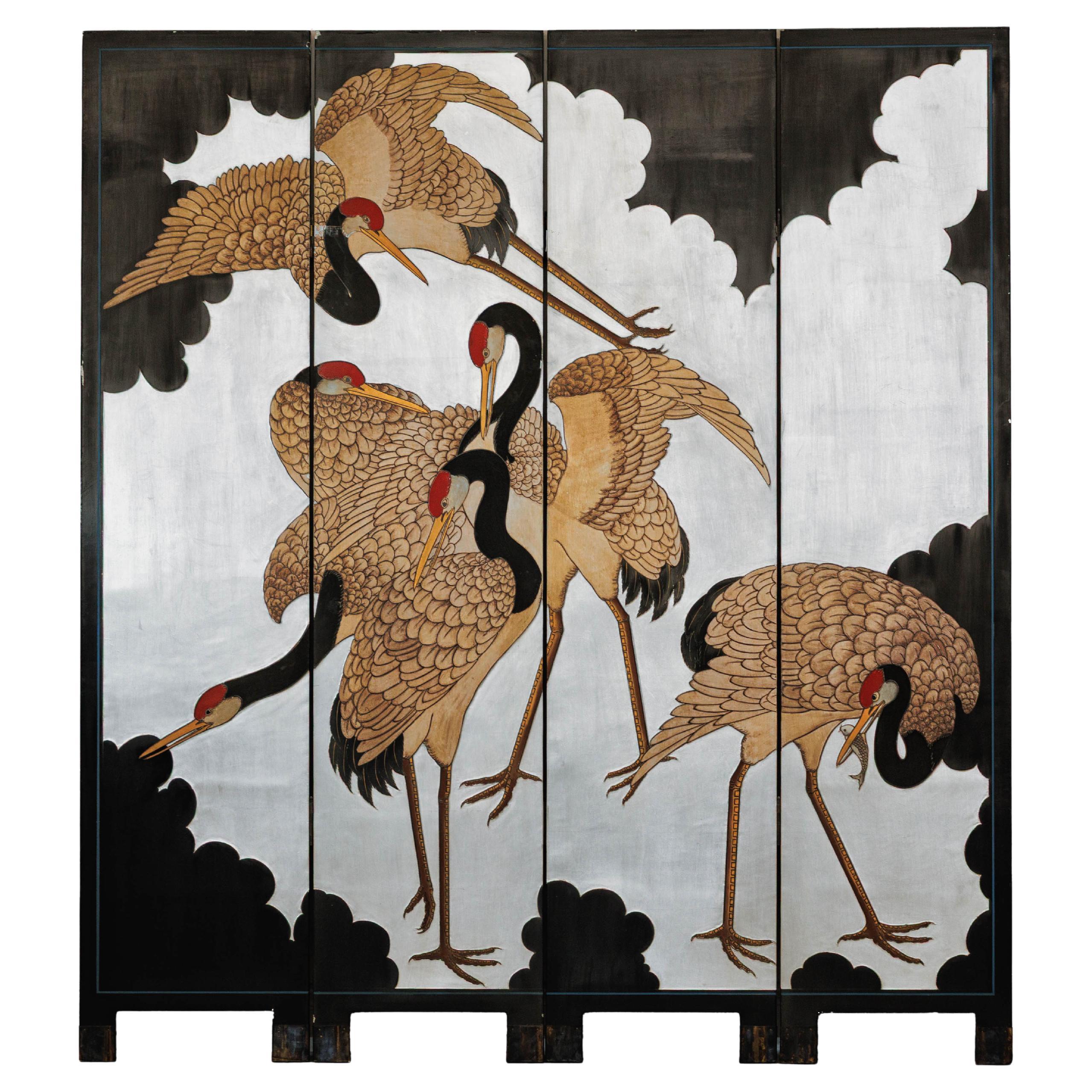 Vintage Chinese Four-Panel Screen with Silver Ground and Hand-Painted Cranes For Sale