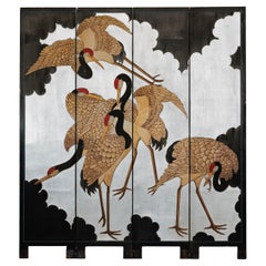 Vintage Chinese Four-Panel Screen with Silver Ground and Hand-Painted Cranes