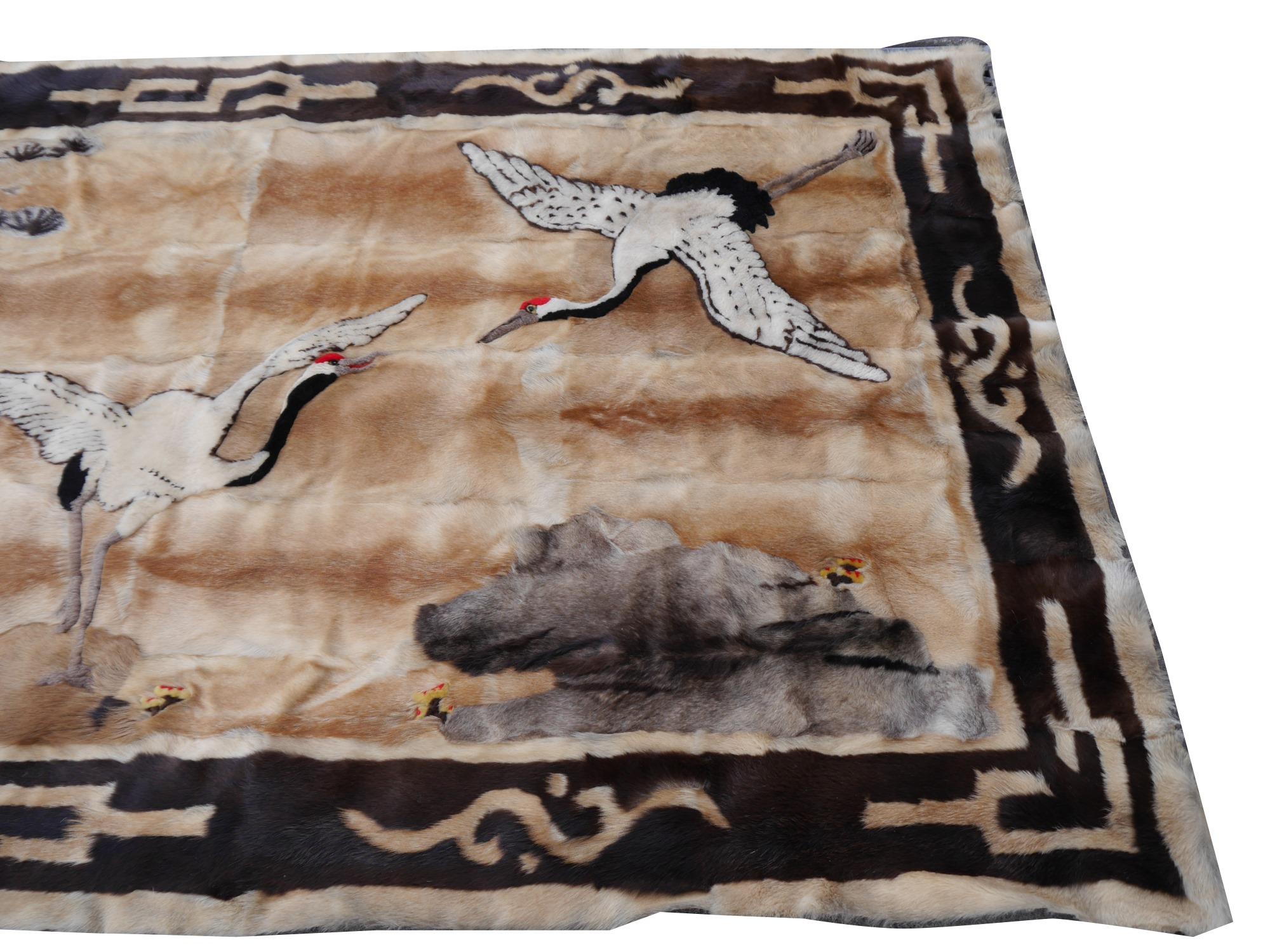 Art Deco Vintage Chinese Fur Lether Rug with Landscape and Crane Wall Decoration For Sale