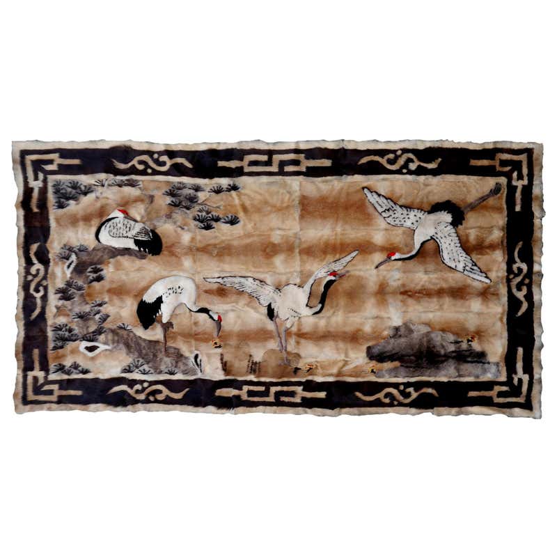 Vintage Chinese Fur Lether Rug with Landscape and Crane Wall Decoration ...
