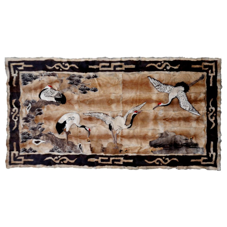 Vintage Chinese Fur Lether Rug with Landscape and Crane Wall Decoration ...