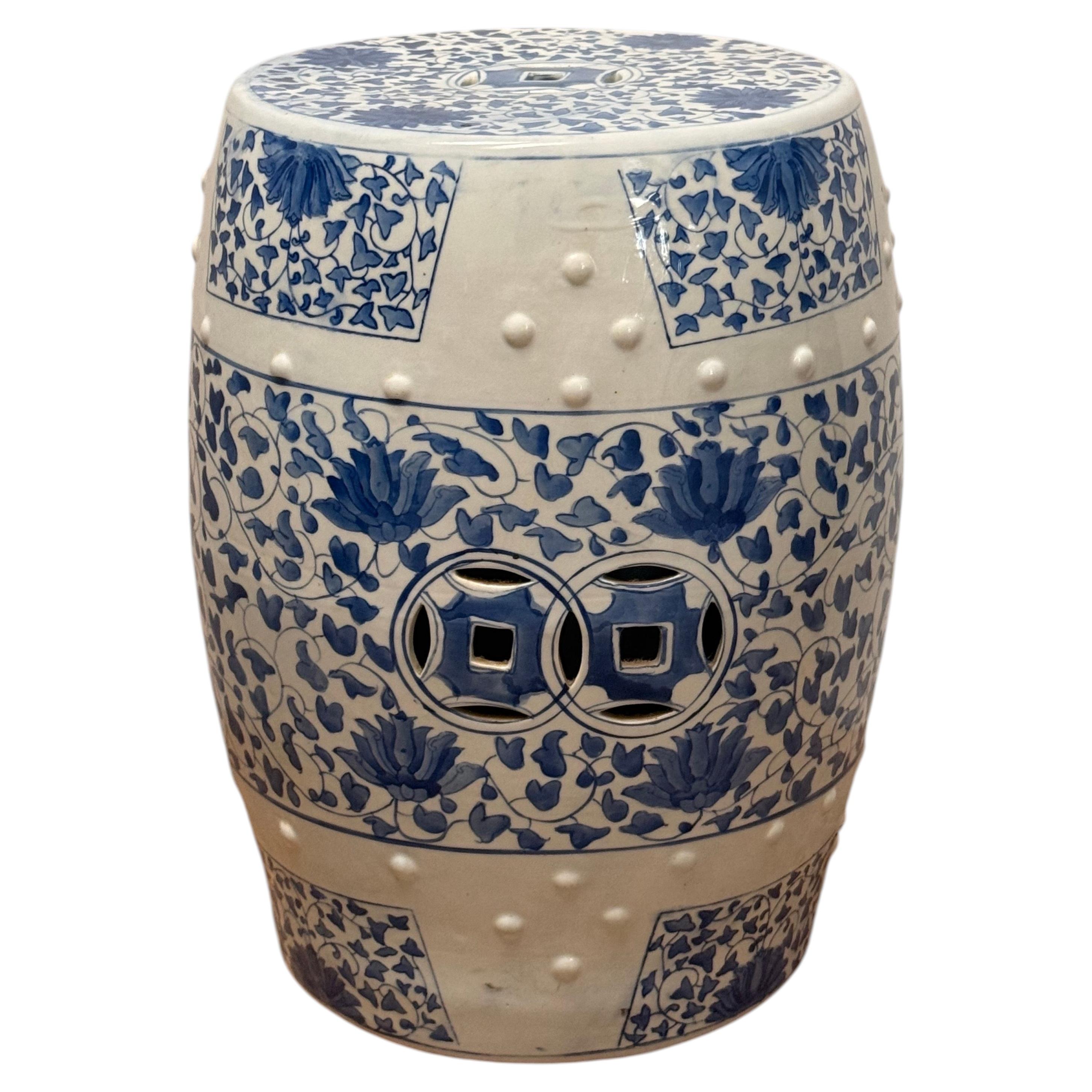 Vintage Chinese Garden Stool, Blue and White Porcelain, Circa 1970s