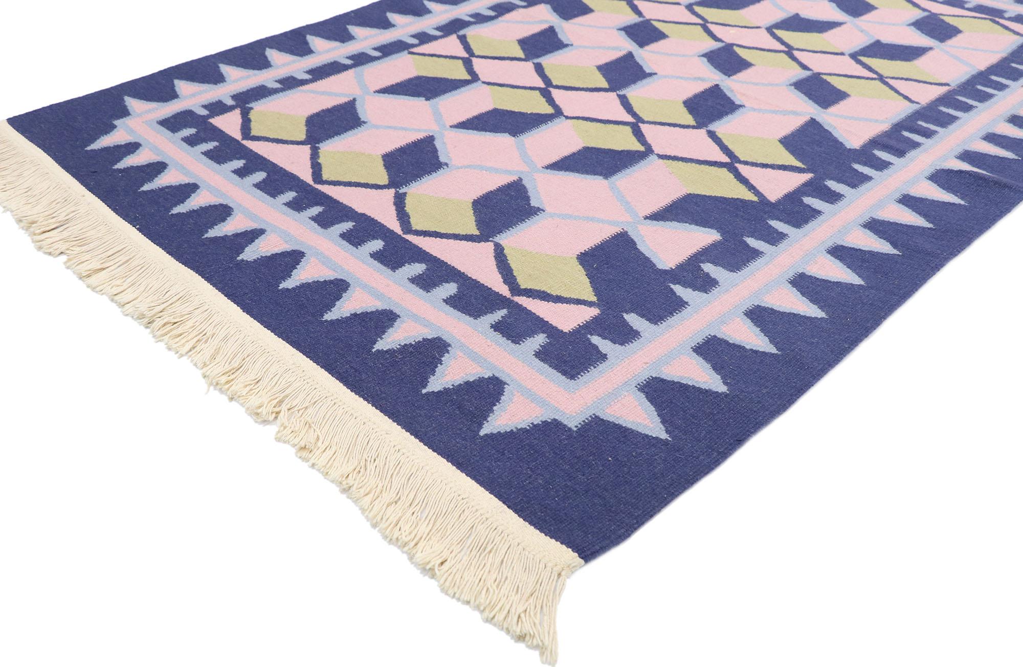 77812 vintage Chinese Geometric Kilim rug with Postmodern Cubist style 04'01 x 06'03. This hand-woven wool vintage Chinese kilim rug features an all-over lattice pattern spread across an abrashed field. Pink and blue parallelograms form a trellis