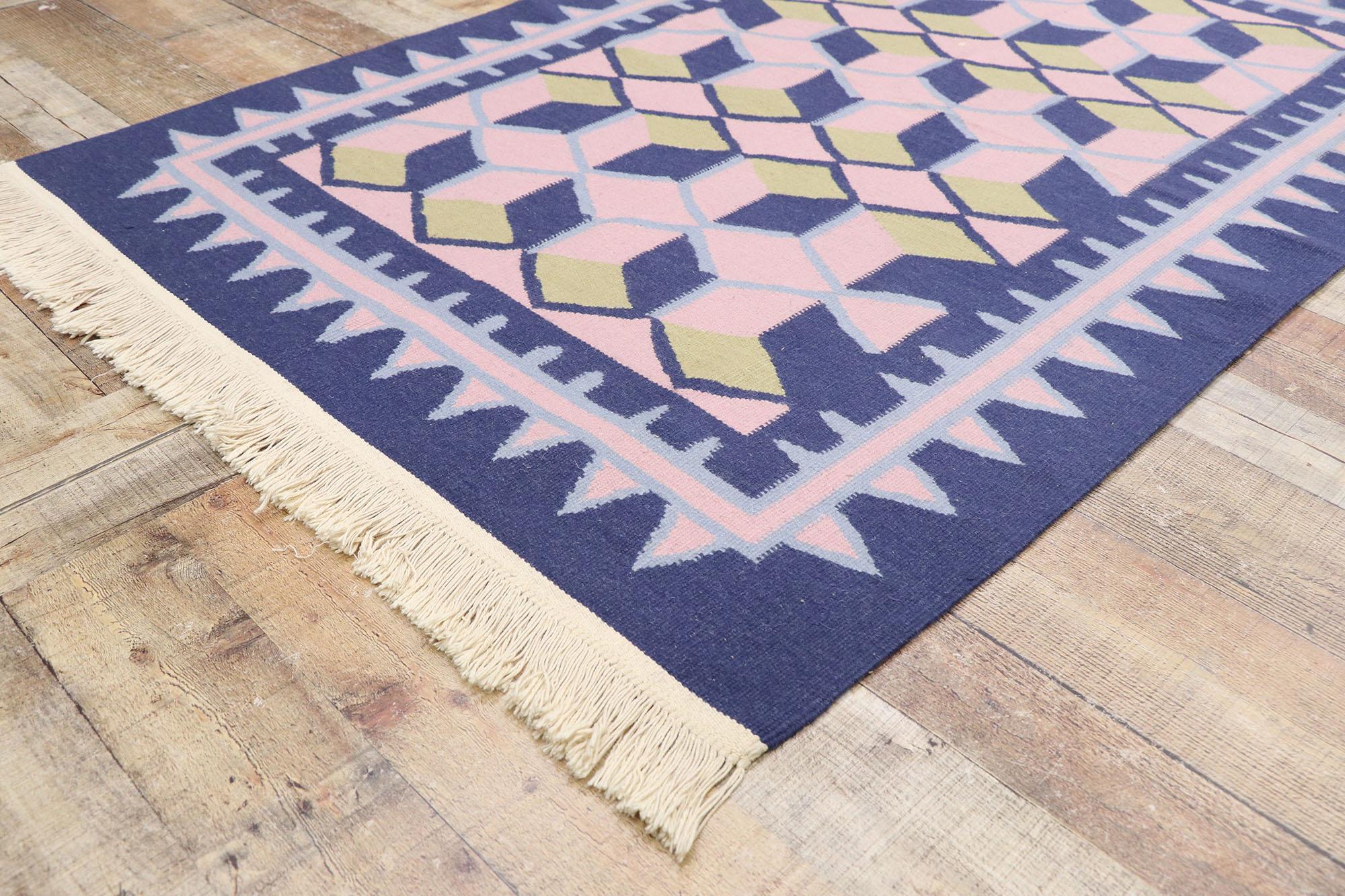 20th Century Vintage Chinese Geometric Kilim Rug with Post-Modern Cubist Style
