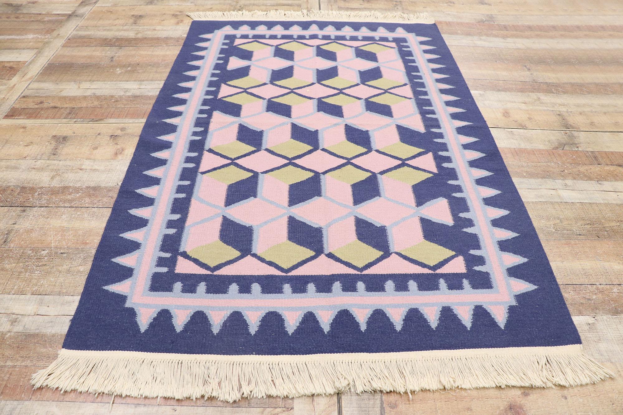 Wool Vintage Chinese Geometric Kilim Rug with Post-Modern Cubist Style