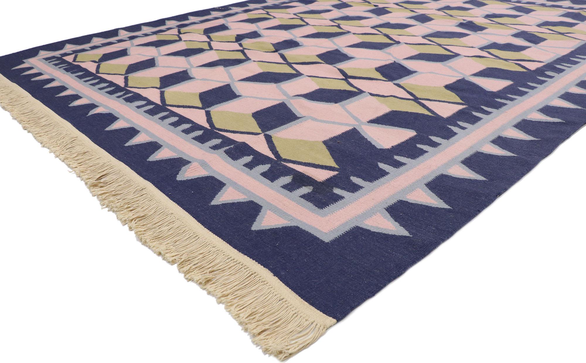 78035 Vintage Chinese geometric Kilim rug with Postmodern Cubist Style 08'00 x 10'00. This hand-woven wool vintage Chinese kilim rug features an all-over lattice pattern spread across an abrashed field. Pink and blue parallelograms form a trellis