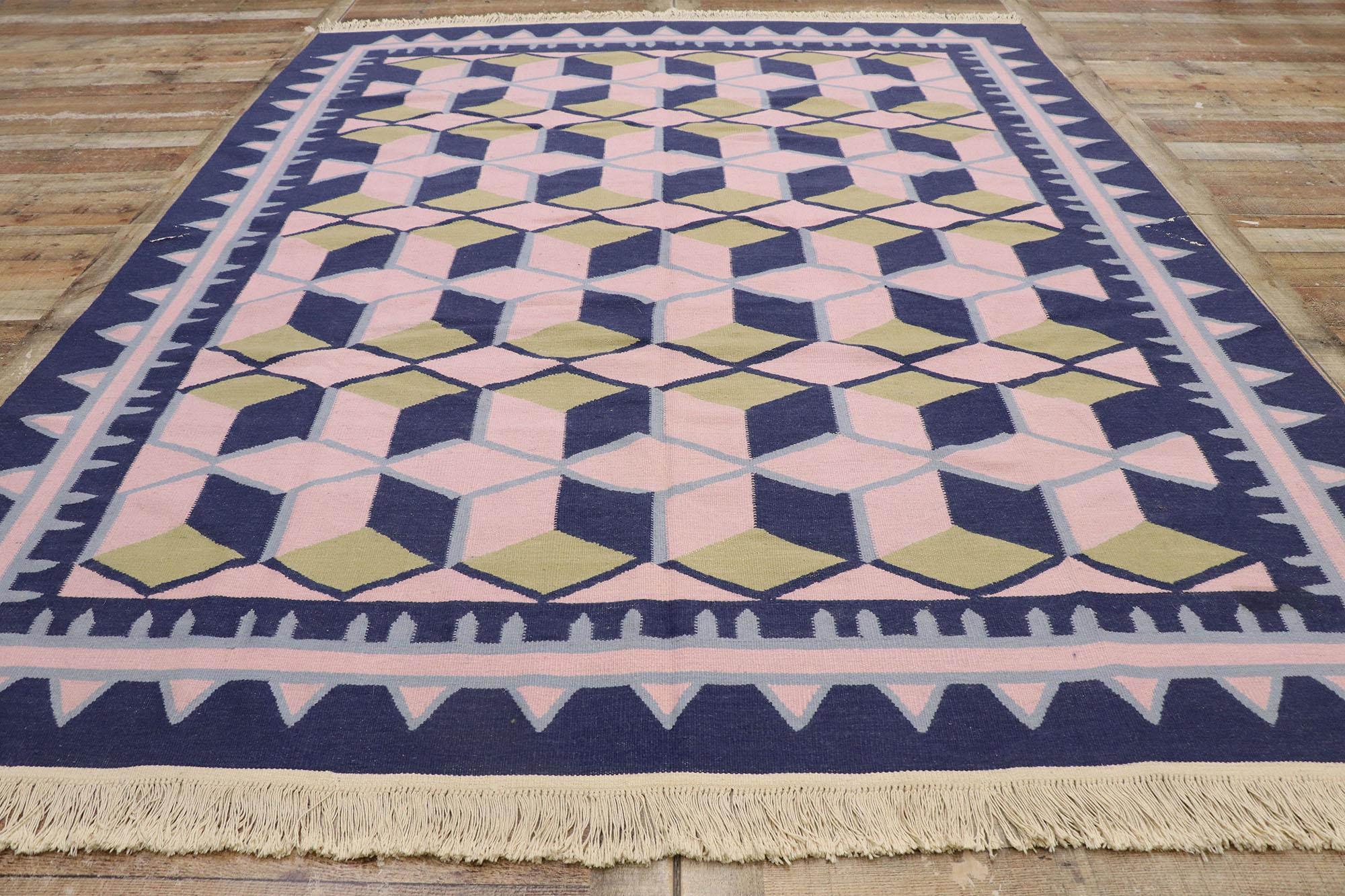 Laine Tapis Kilim géométrique chinois vintage avec style cubiste postmoderne en vente