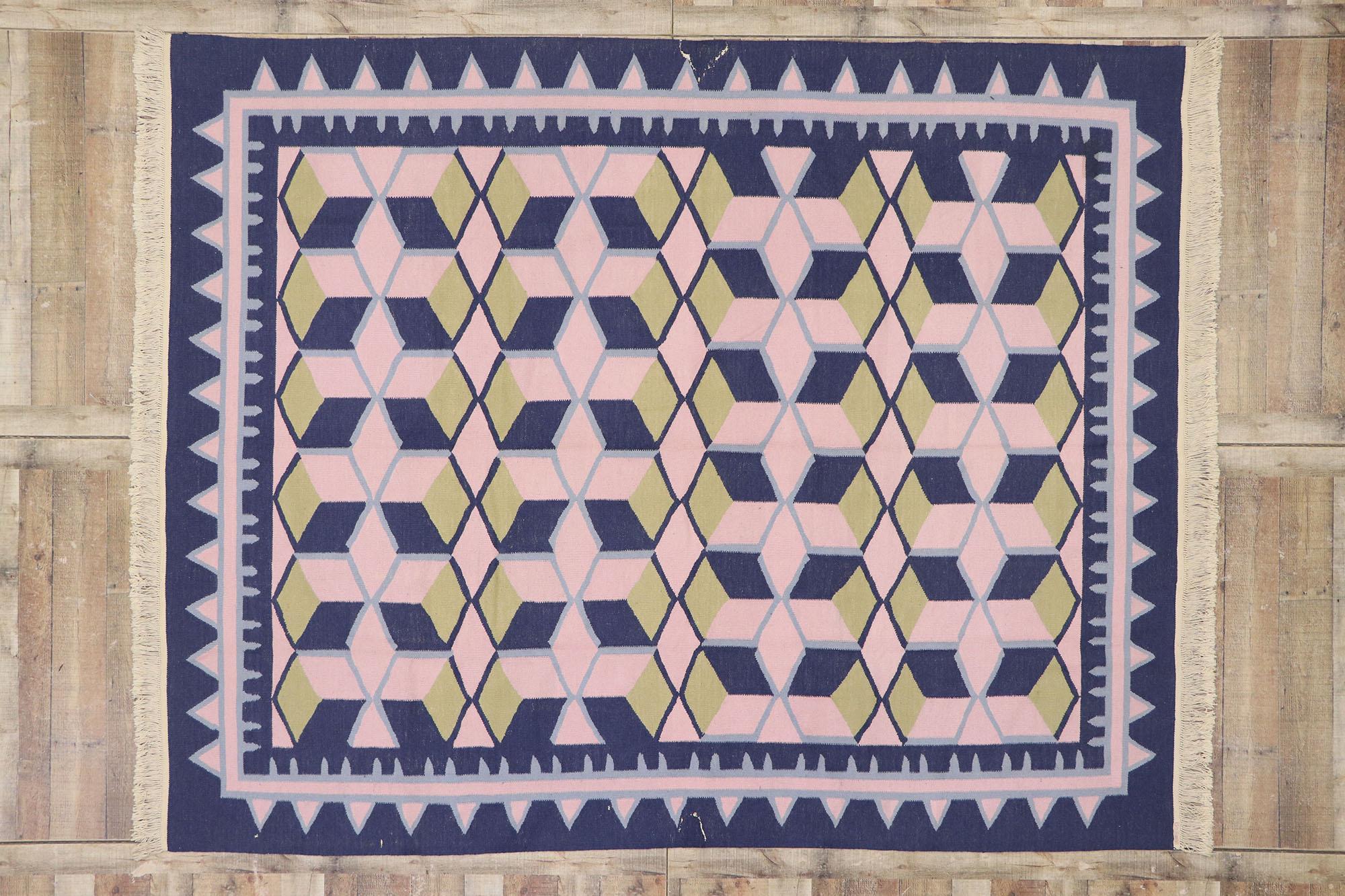 Tapis Kilim chinois géométrique vintage avec style cubiste postmoderne en vente 1