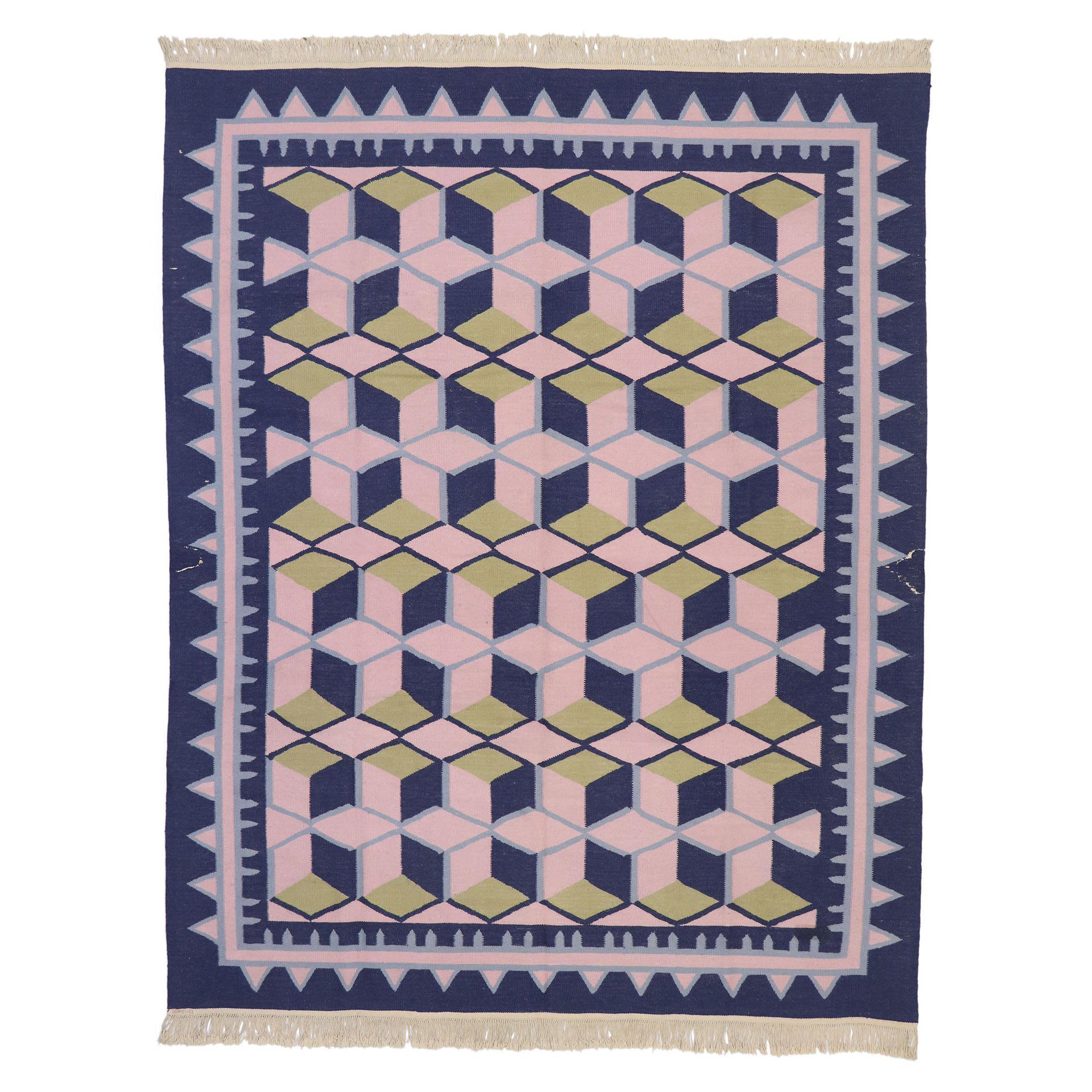Tapis Kilim chinois géométrique vintage avec style cubiste postmoderne en vente