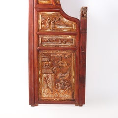 Vintage Chinese Gilt & Vermillion Scenic Carved Rosewood Doorway Entry Panel