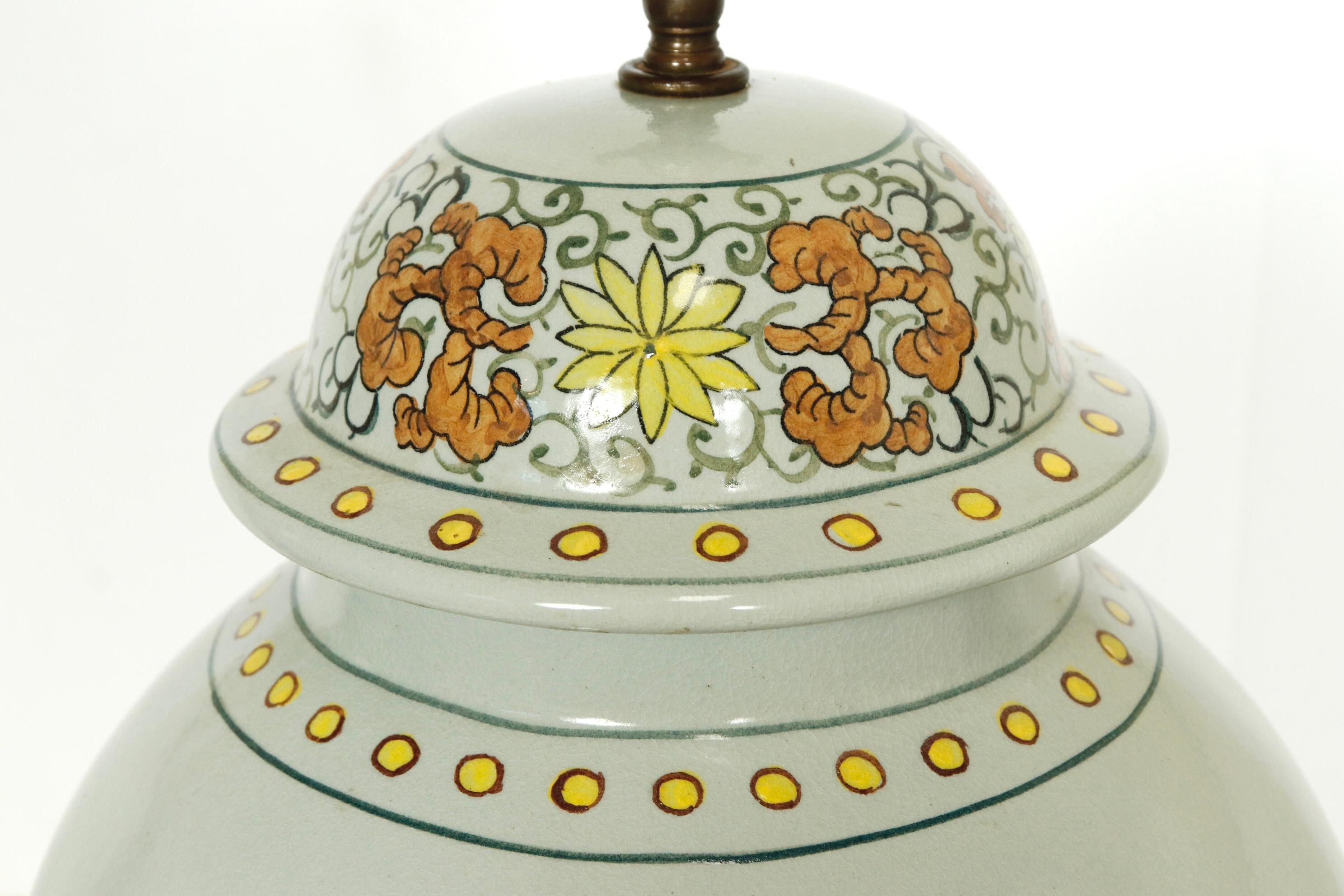 Antique porcelain ginger jar table lamp on dark stained wood base.

Features a multicolor pastel floral design.

Chinese, circa 1920.

Dimensions: 21” H to socket base x 10” W