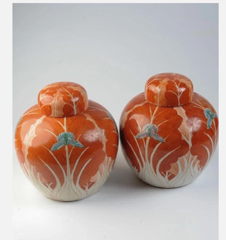 Vintage Chinese Ginger Jars in Orange, Pair at 1stDibs