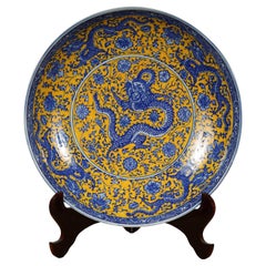 Vintage Chinese Gold Blue Porcelain Dragon Plate