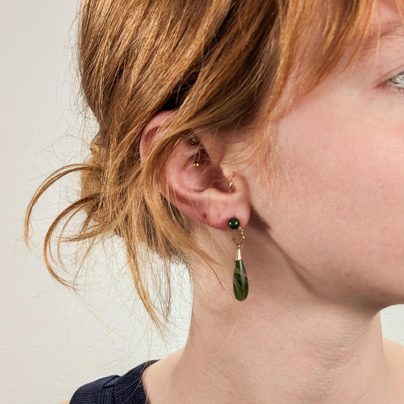 Cabochon Vintage Chinese Gold & Jade 'Good Fortune' (福) Drop/Dangle Earrings For Sale