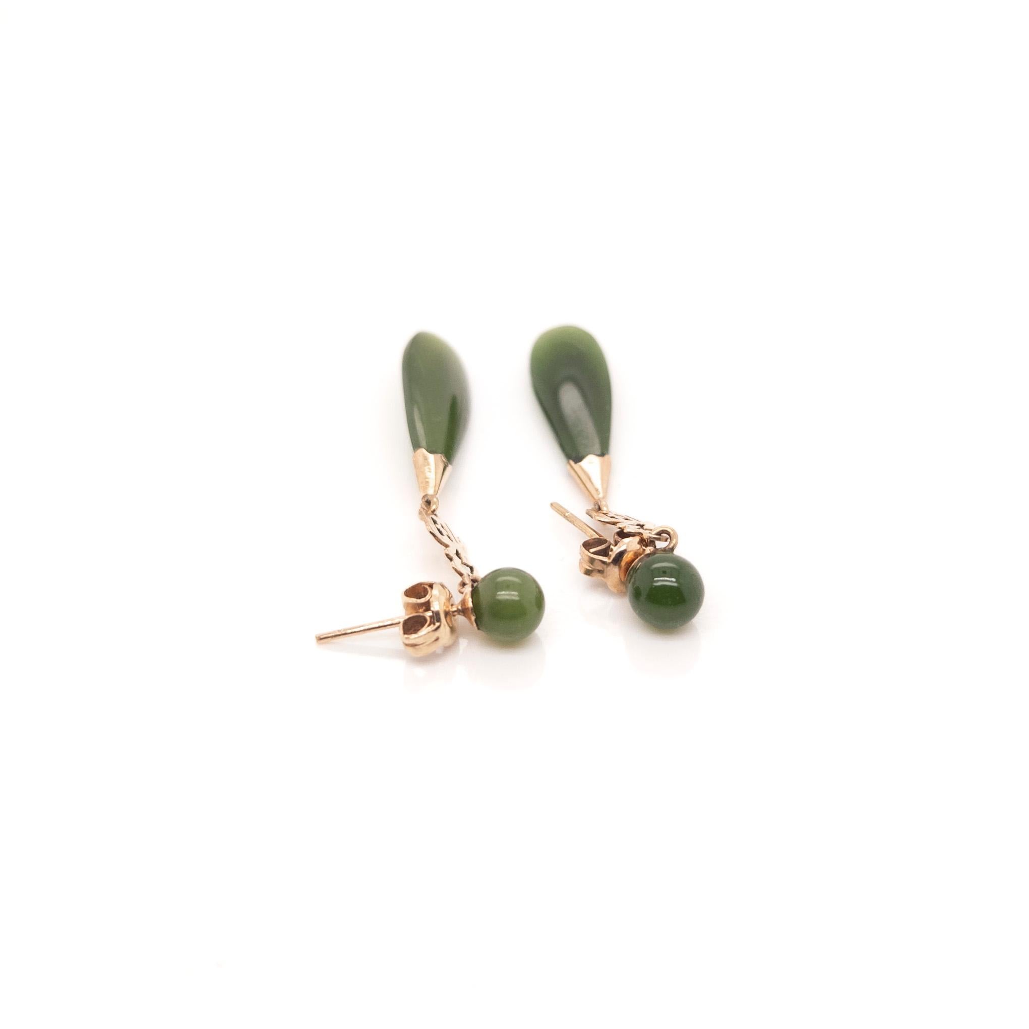 Vintage Chinese Gold & Jade 'Good Fortune' (福) Drop/Dangle Earrings  For Sale 3