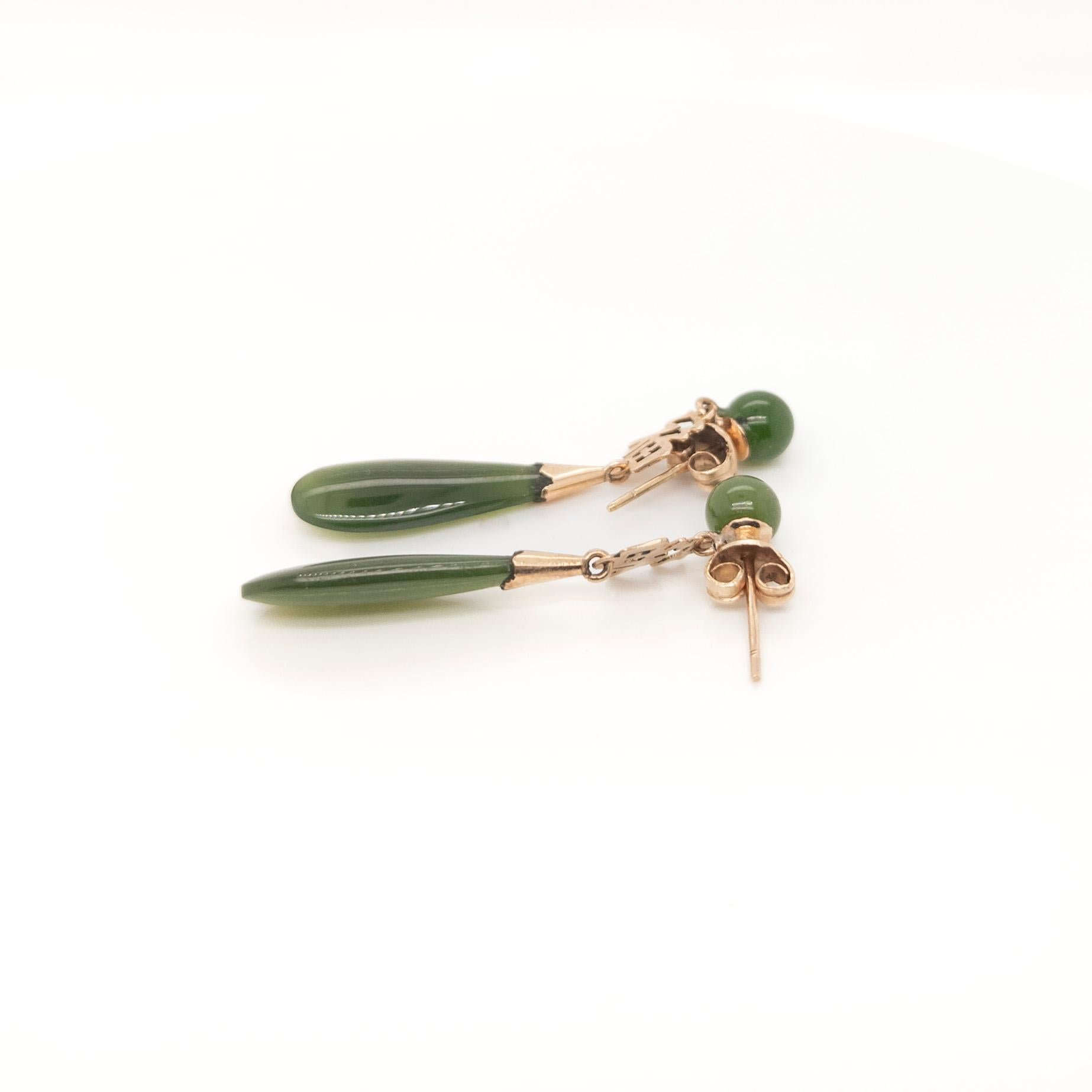 Vintage Chinese Gold & Jade 'Good Fortune' (福) Drop/Dangle Earrings  For Sale 4