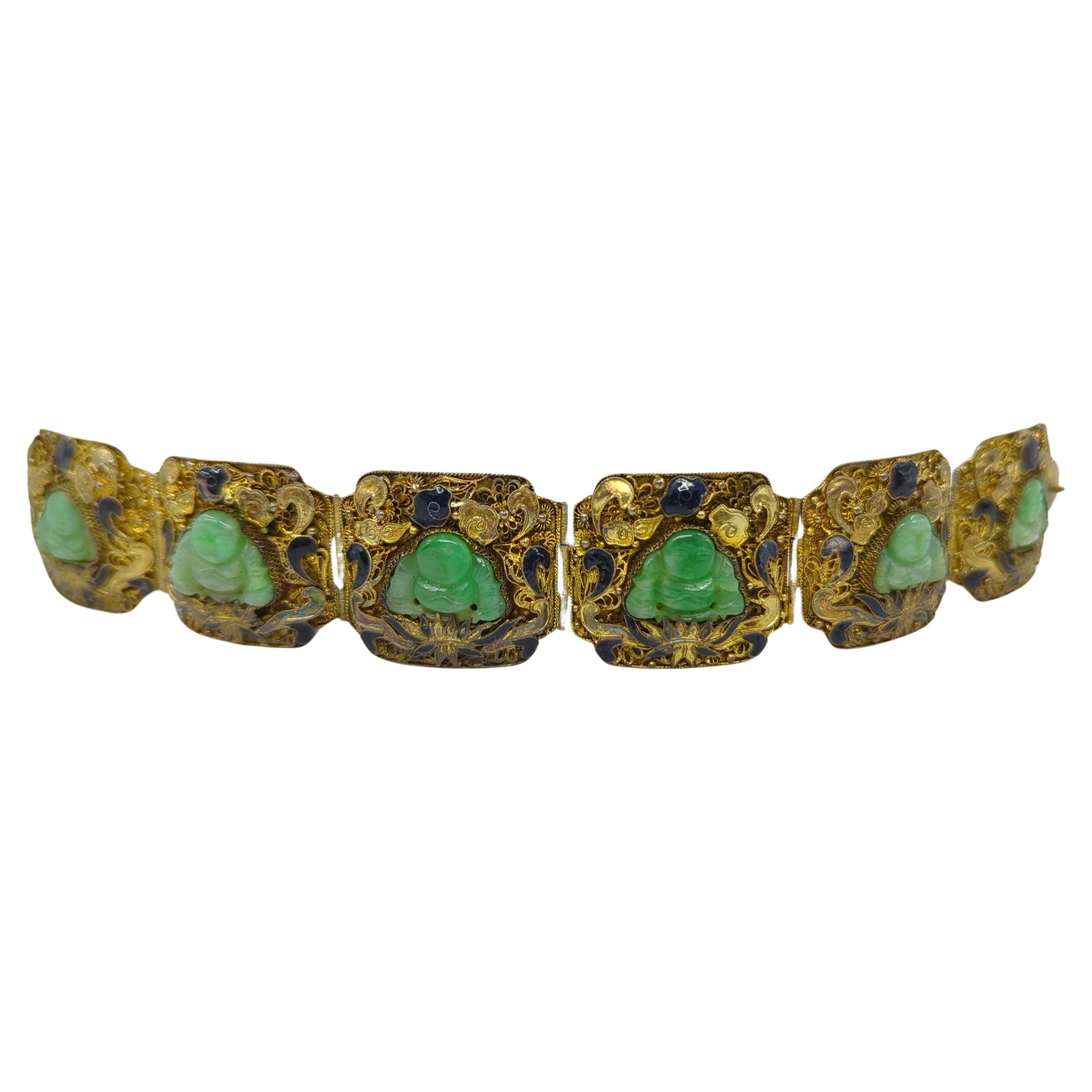 Old Mine Cut Vintage Chinese Gold Plaque Silver Filigree Jade Buddha Inset Bracelet mid-20c