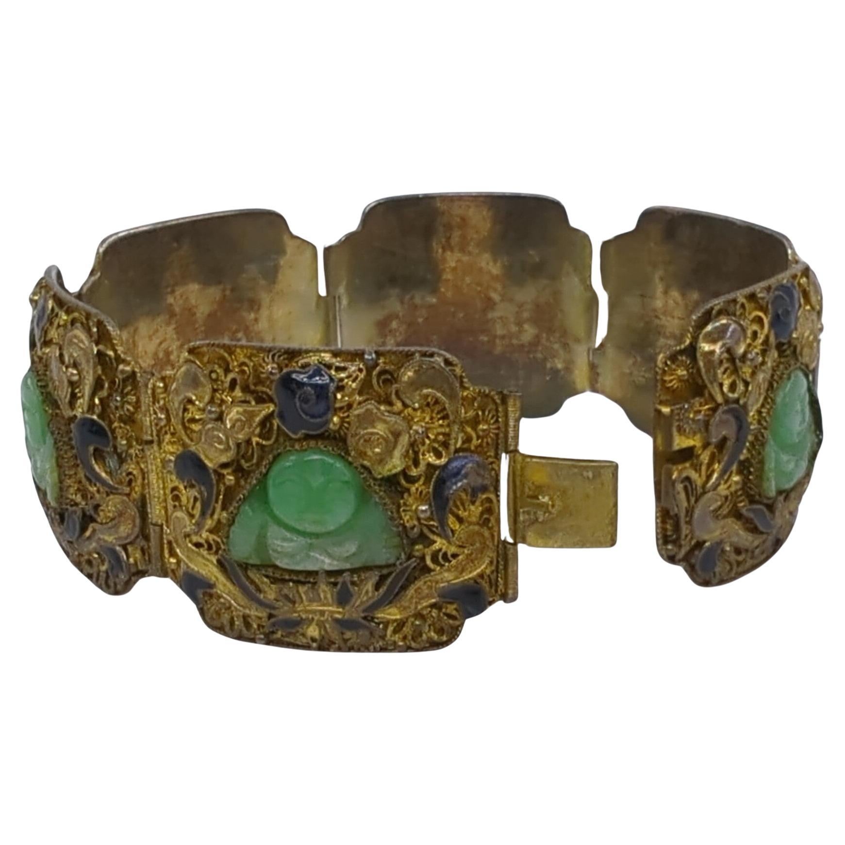 Vintage Chinese Gold Plaque Silver Filigree Jade Buddha Inset Bracelet mid-20c For Sale 1