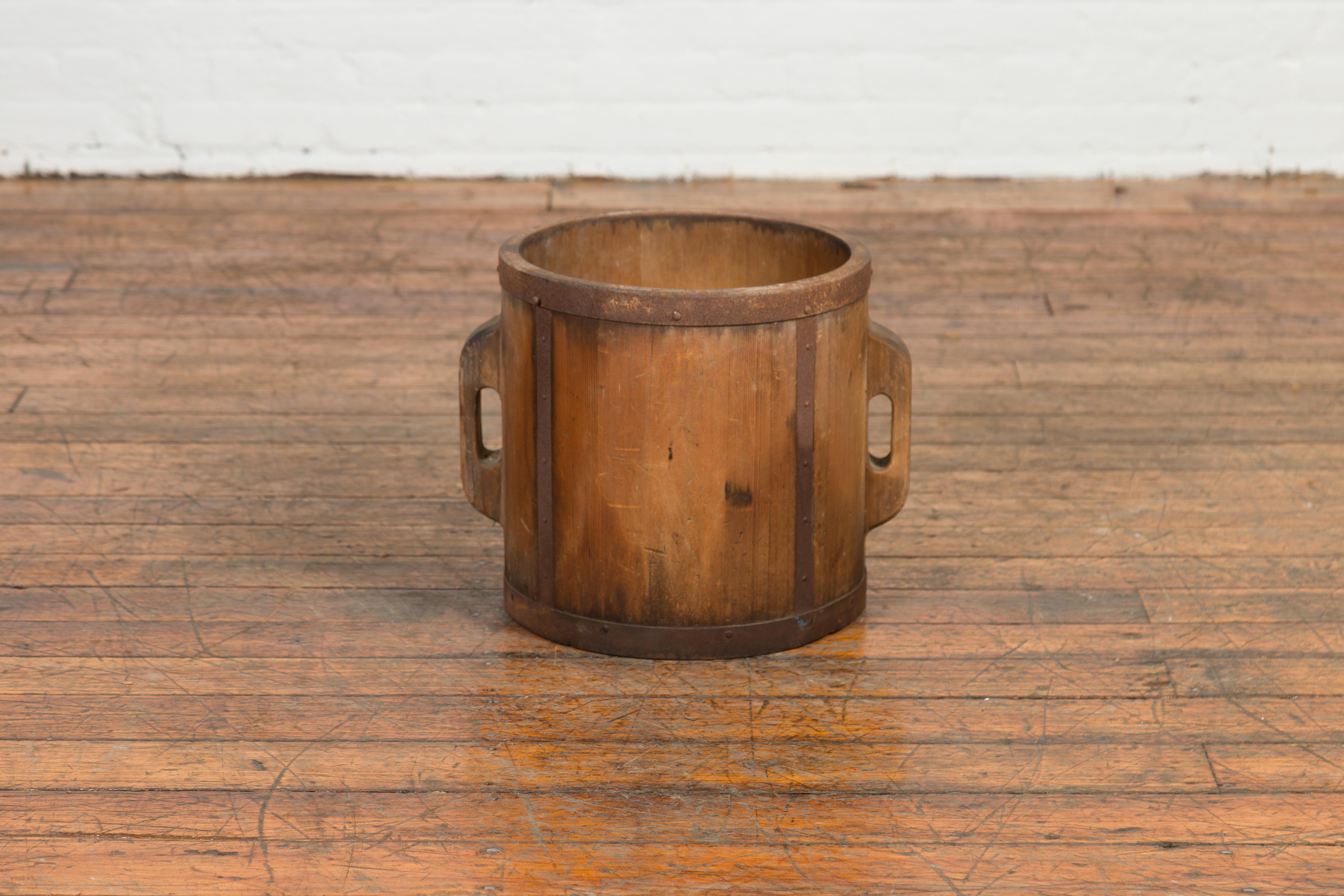 20th Century Vintage Chinese Grain Measuring Cup with Metal Braces and Lateral Handles