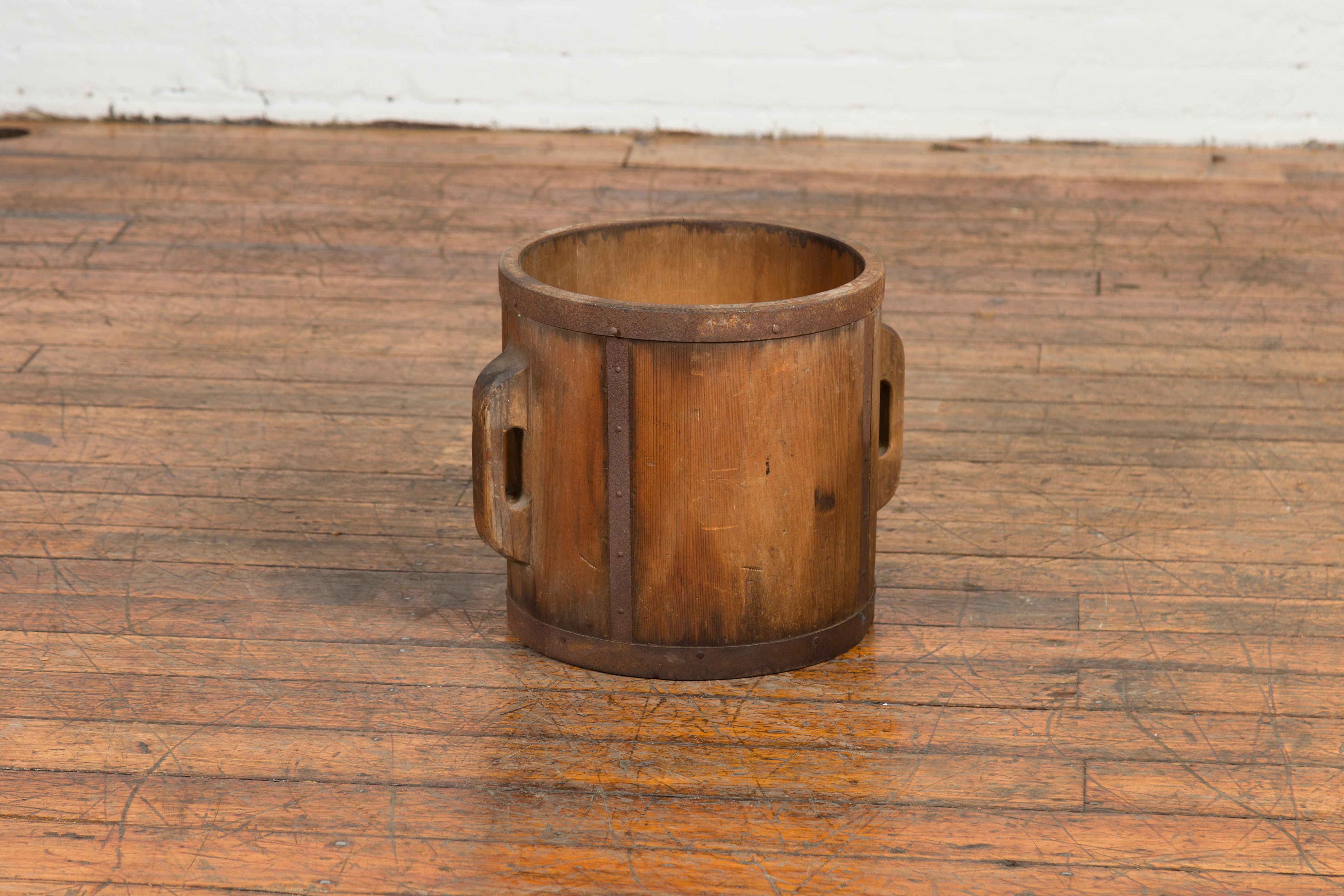 Wood Vintage Chinese Grain Measuring Cup with Metal Braces and Lateral Handles