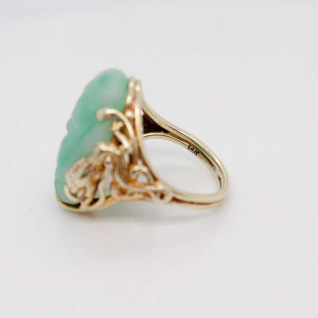 Vintage Chinese Green Carved Jade (Jadeite) Buddha & 14k Gold Dragon Ring For Sale 2