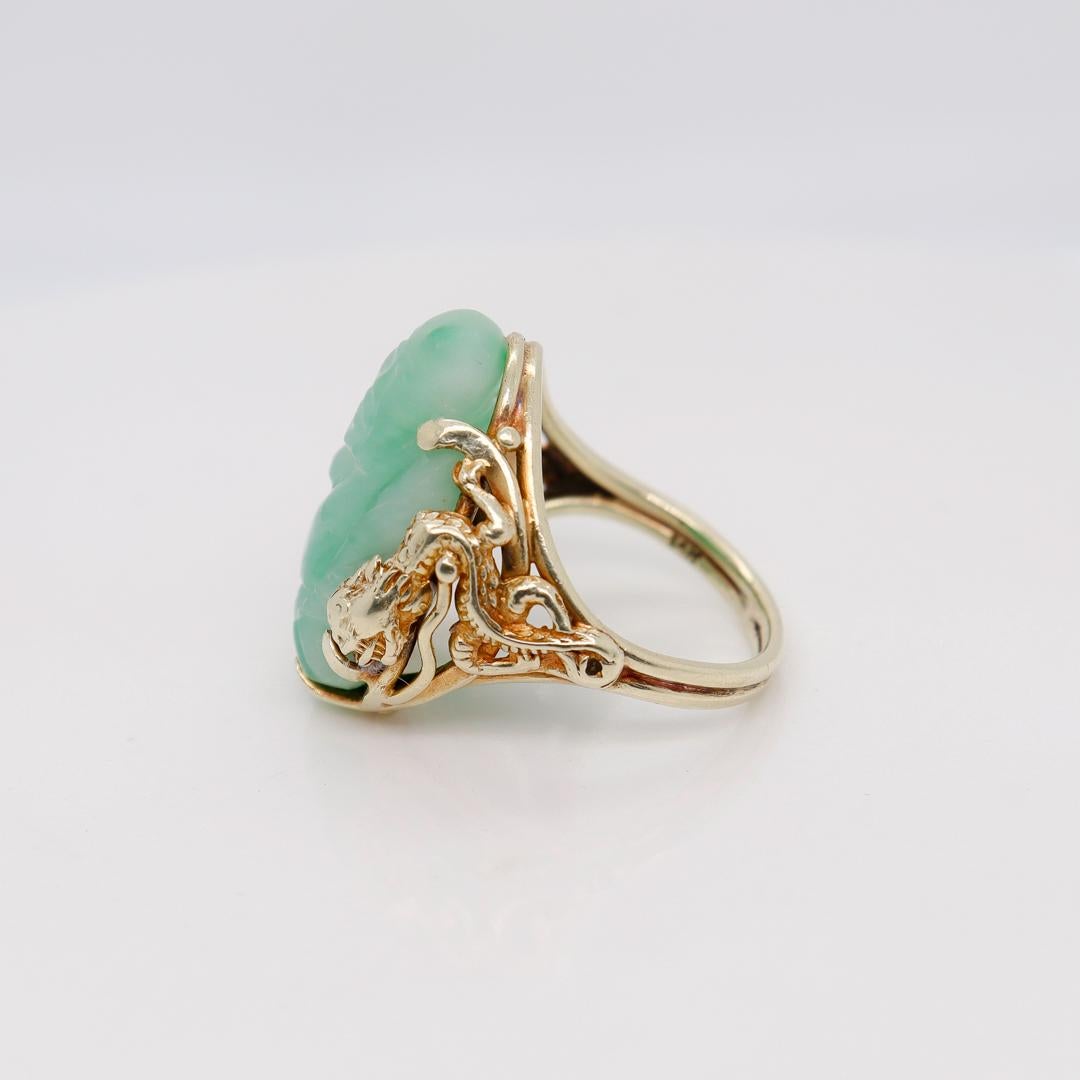 Cabochon Vintage Chinese Green Carved Jade (Jadeite) Buddha & 14k Gold Dragon Ring For Sale