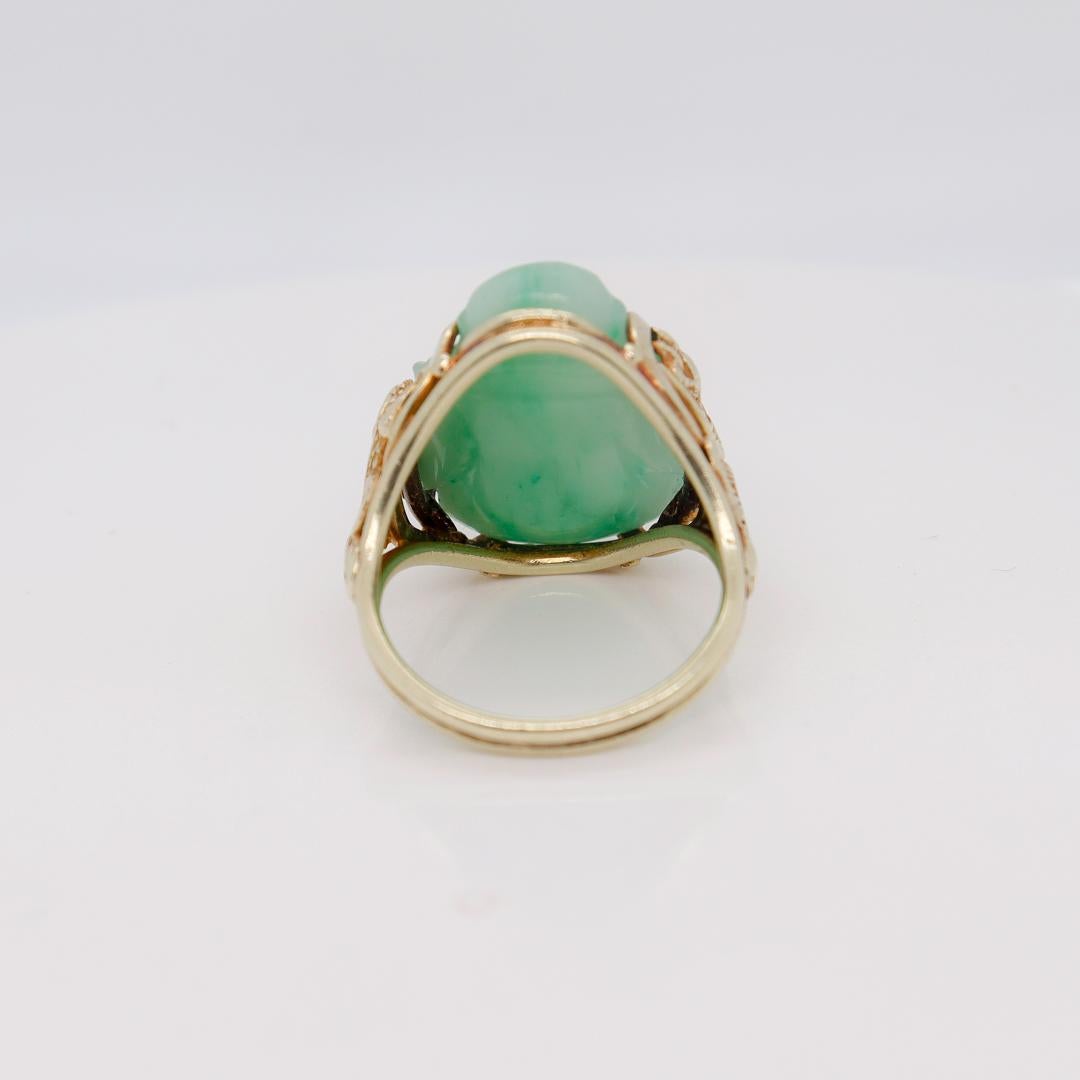 Vintage Chinese Green Carved Jade (Jadeite) Buddha & 14k Gold Dragon Ring In Good Condition For Sale In Philadelphia, PA