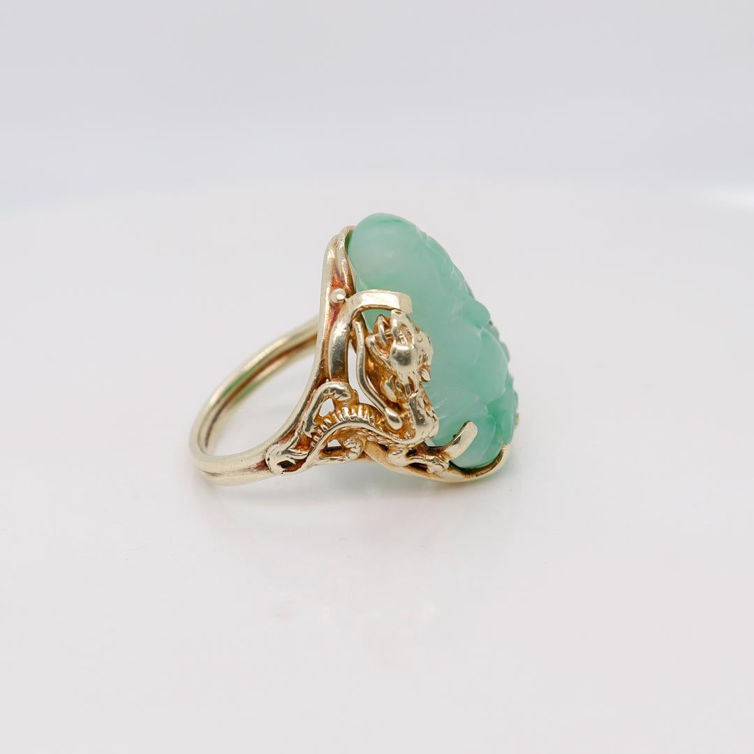 Women's or Men's Vintage Chinese Green Carved Jade (Jadeite) Buddha & 14k Gold Dragon Ring For Sale