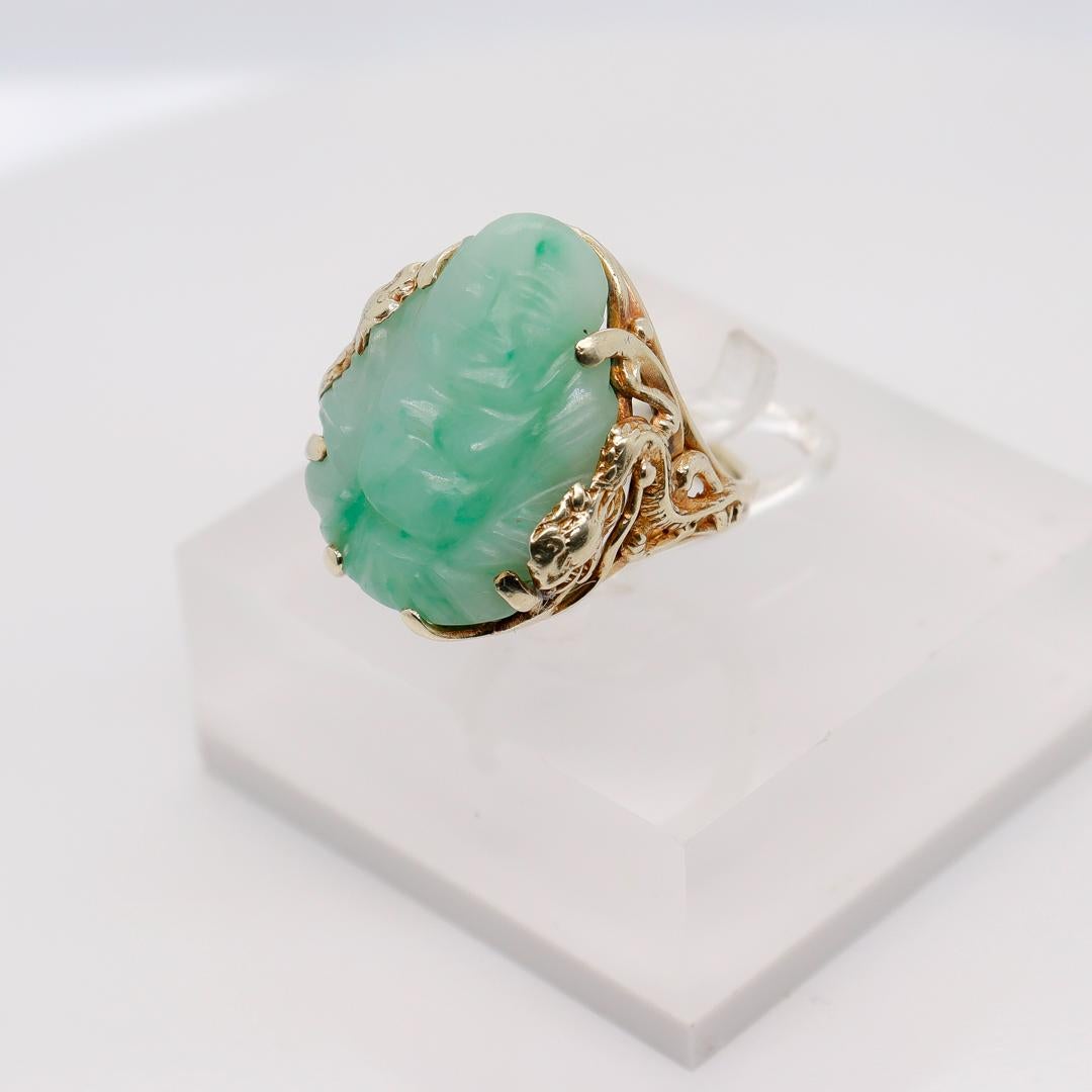 Vintage Chinese Green Carved Jade (Jadeite) Buddha & 14k Gold Dragon Ring For Sale 1
