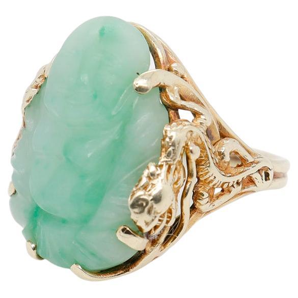 Vintage Chinese Green Carved Jade (Jadeite) Buddha & 14k Gold Dragon Ring