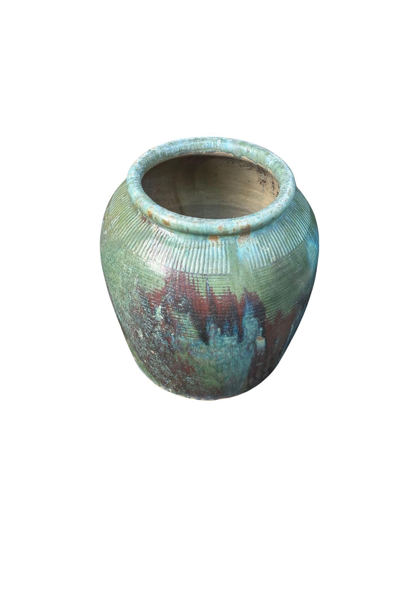 Metà XX secolo Vasetto di salsa di soia cinese d'epoca in ceramica smaltata verde in vendita