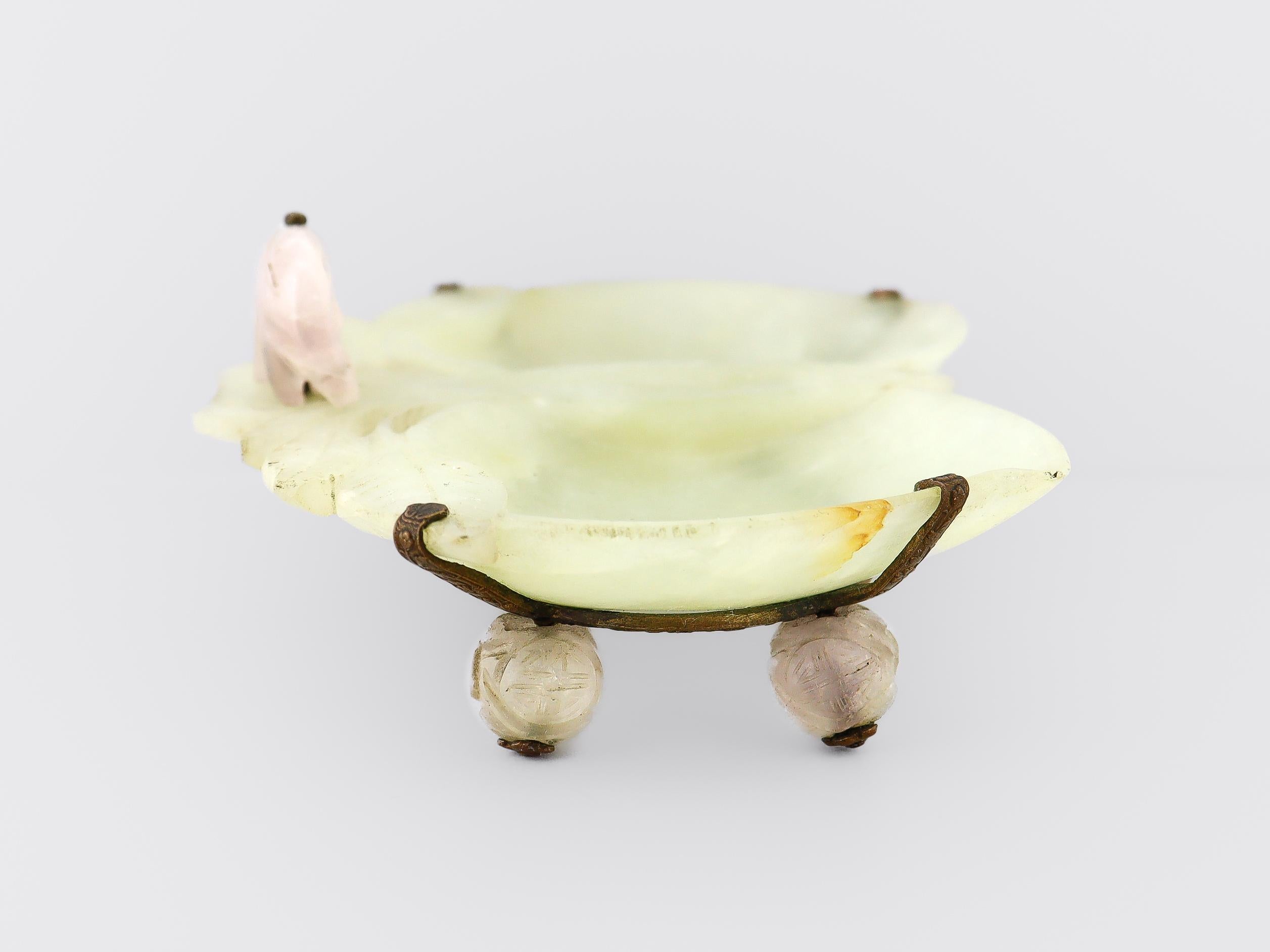 Vintage Chinese Green & Rose Quartz Carved Plum Dish or Vide Poche with Elephant For Sale 6