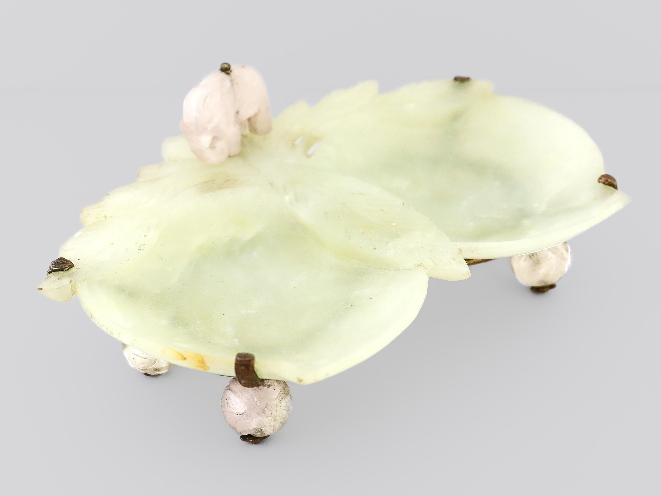 Vintage Chinese Green & Rose Quartz Carved Plum Dish or Vide Poche with Elephant For Sale 8
