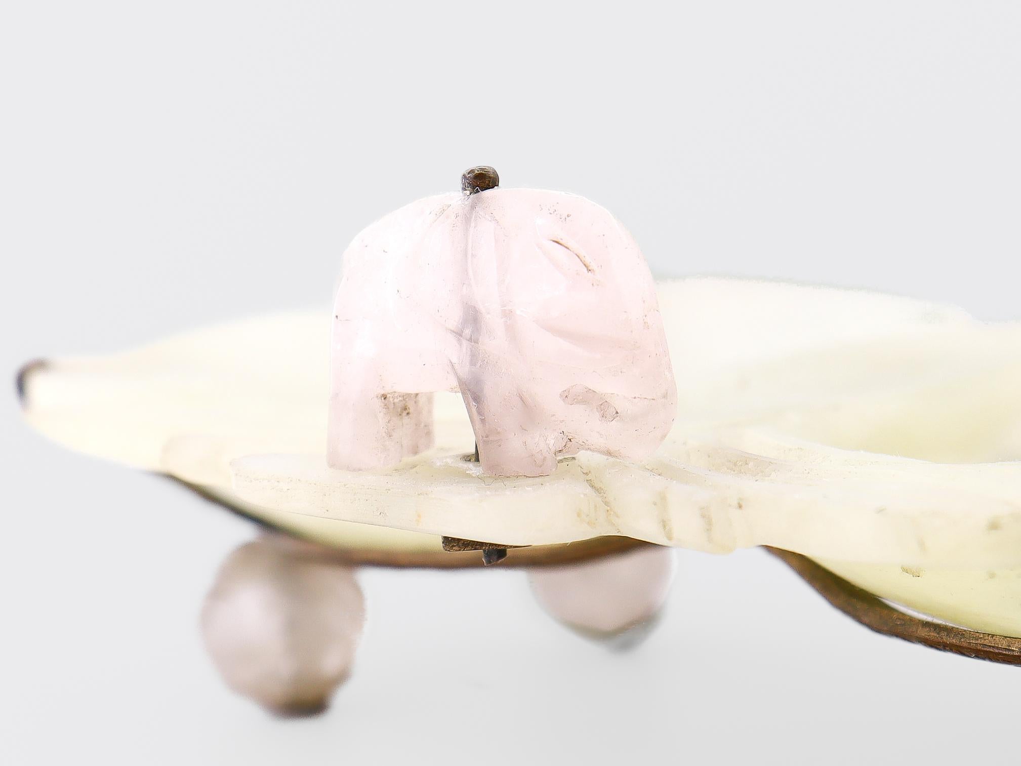 Vintage Chinese Green & Rose Quartz Carved Plum Dish or Vide Poche with Elephant For Sale 11