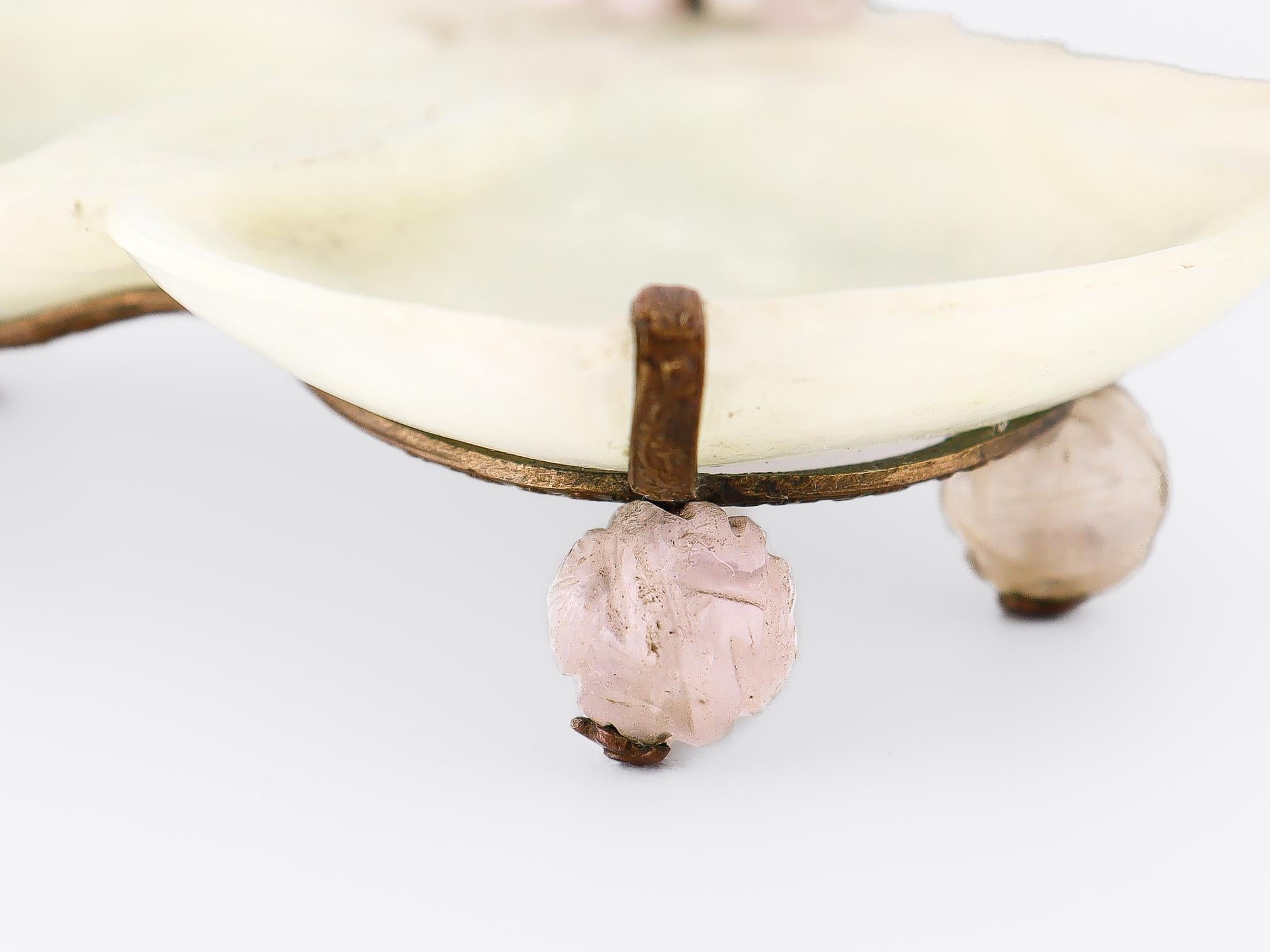 Vintage Chinese Green & Rose Quartz Carved Plum Dish or Vide Poche with Elephant For Sale 12