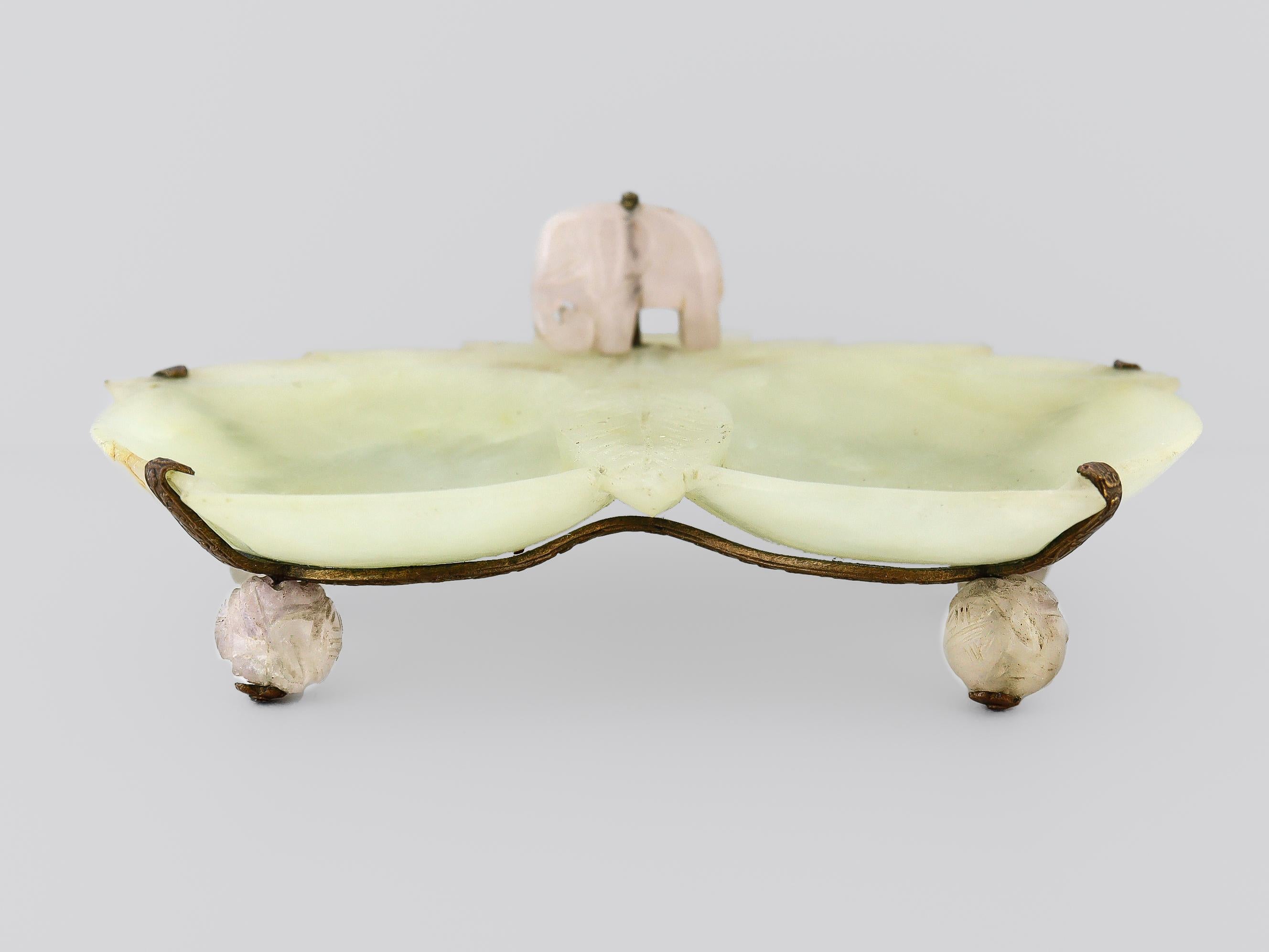 Vintage Chinese Green & Rose Quartz Carved Plum Dish or Vide Poche with Elephant For Sale 1