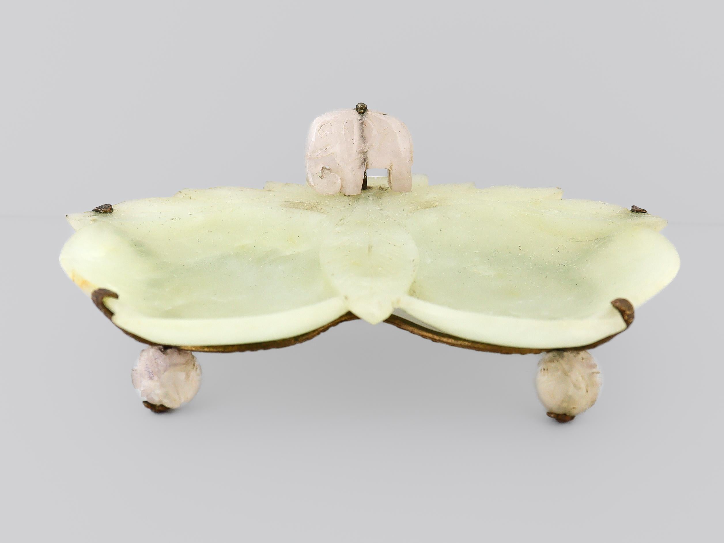 Vintage Chinese Green & Rose Quartz Carved Plum Dish or Vide Poche with Elephant For Sale 2